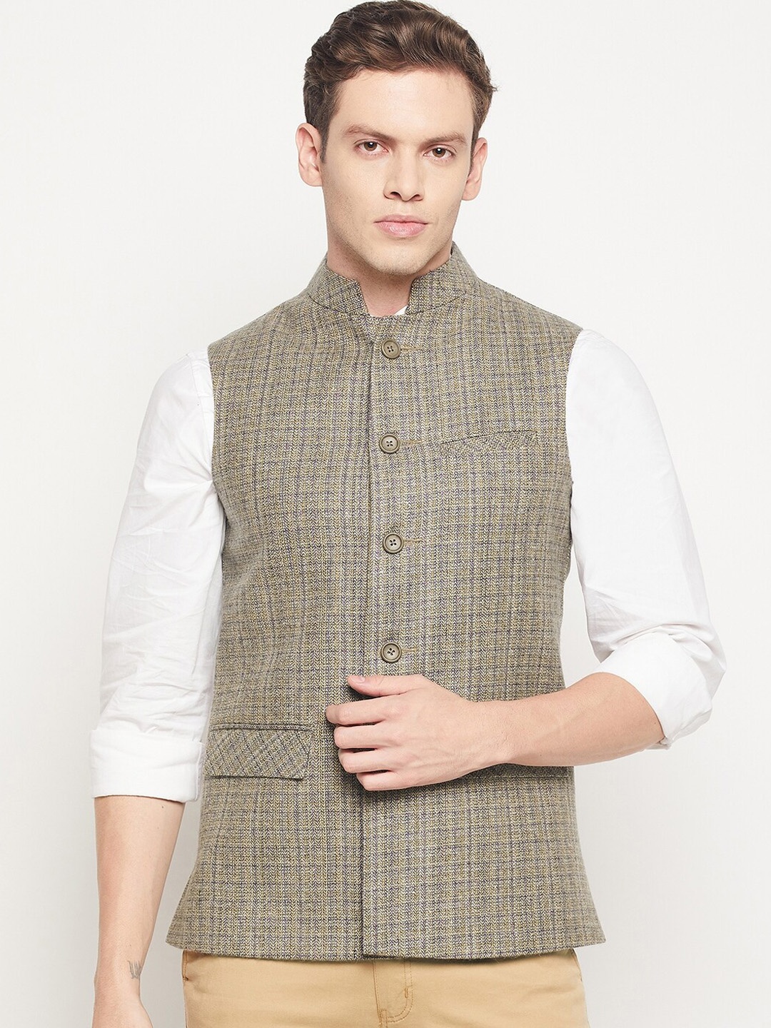 

Spirit Men Camel Brown Self Design Woven Pure Wool Nehru Jacket