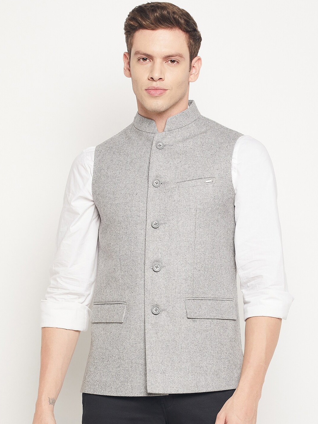 

Spirit Men Grey Woven Design Woolen Nehru Jacket