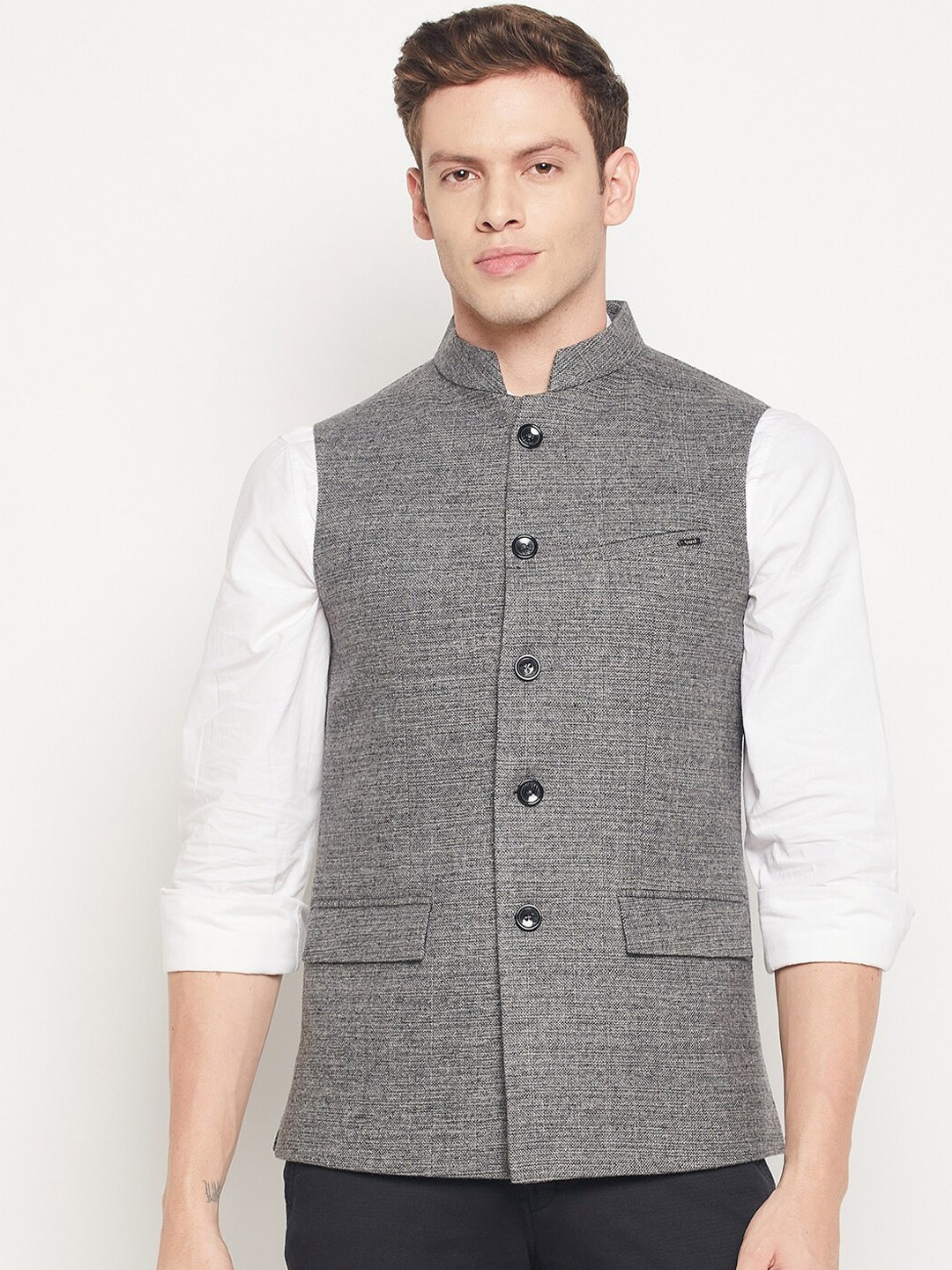 

Spirit Men Grey Self Design Woven Pure Wool Nehru Jacket