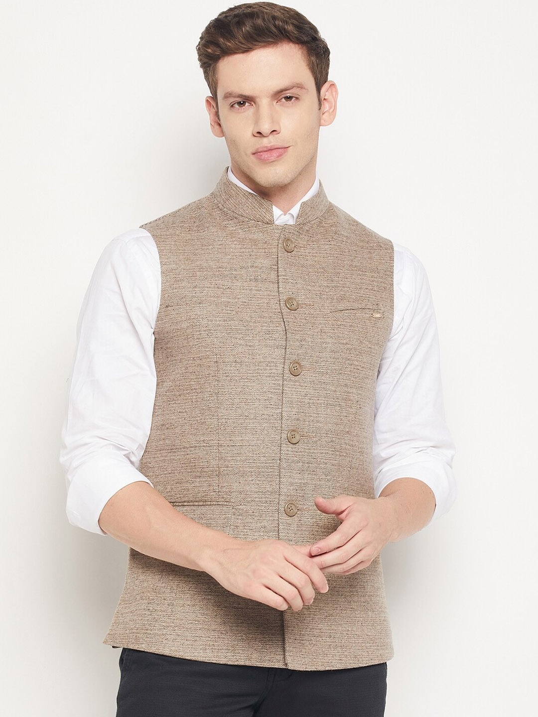 

Spirit Men Camel Brown Self Design Woven Pure Wool Nehru Jacket