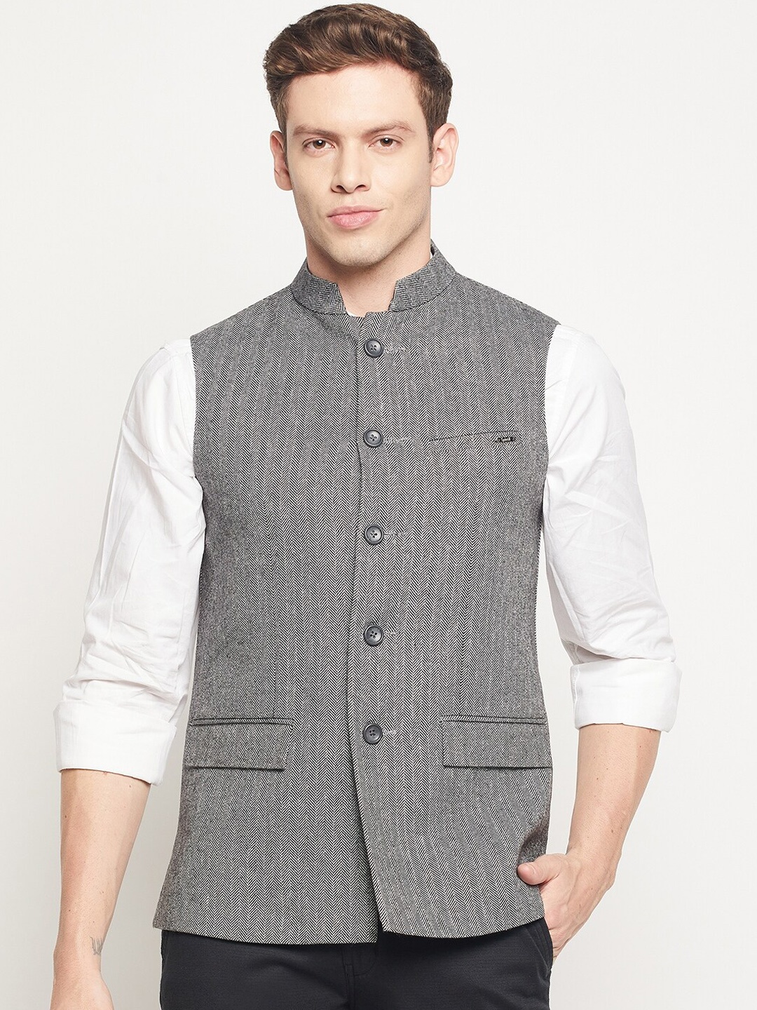 

Spirit Men Grey Woven Design Nehru Jackets