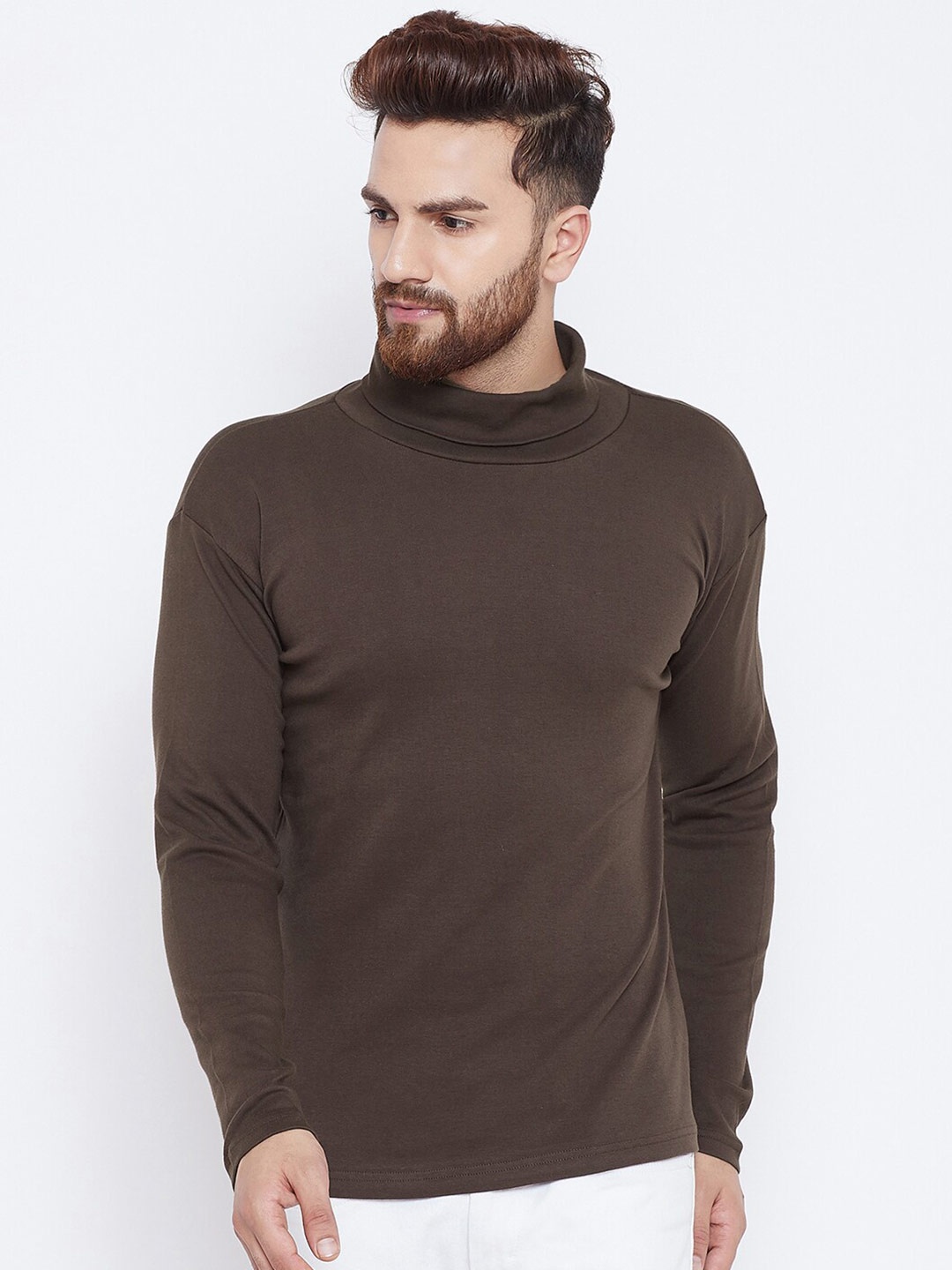 

Hypernation Men Brown High Neck Pure Cotton Slim Fit T-shirt