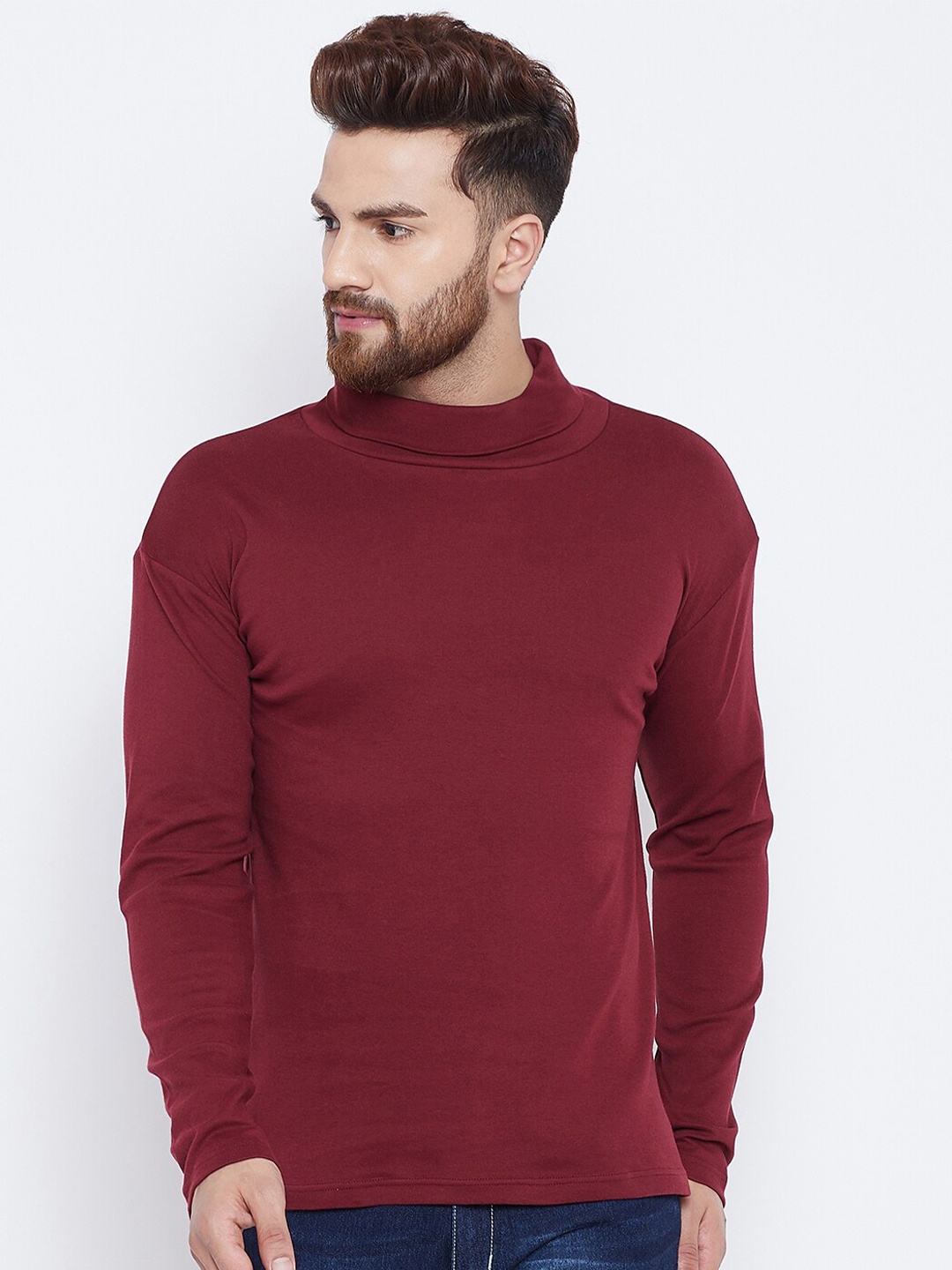 

Hypernation Men Maroon High Neck Pure Cotton Slim Fit T-shirt