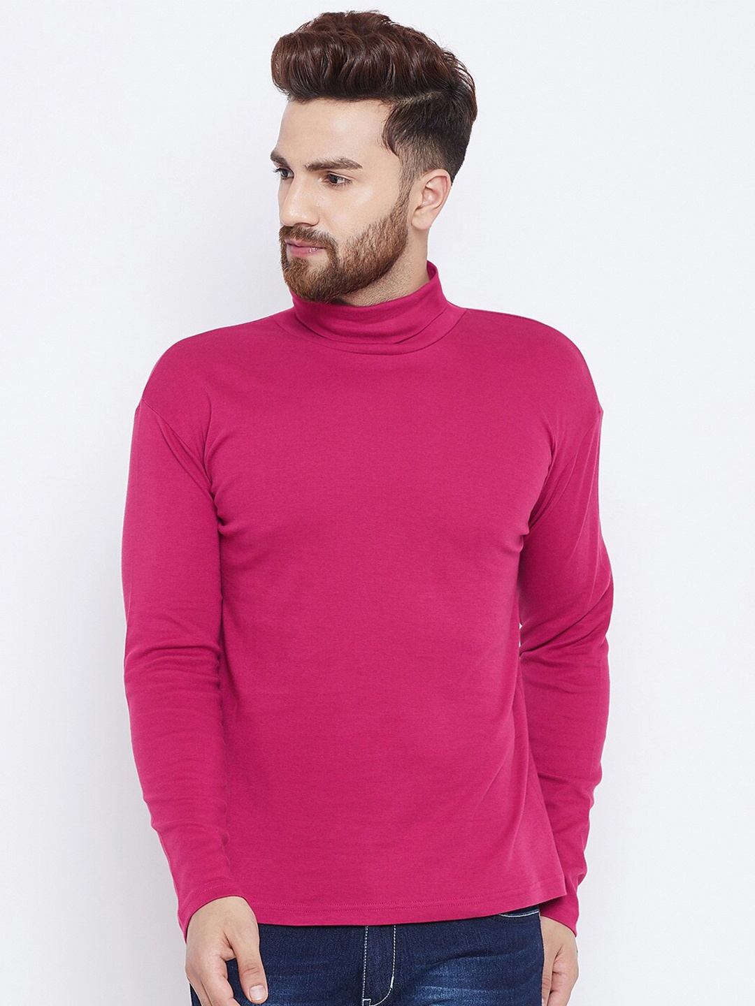 

Hypernation Men Fuchsia High Neck Pure Cotton Slim Fit T-shirt