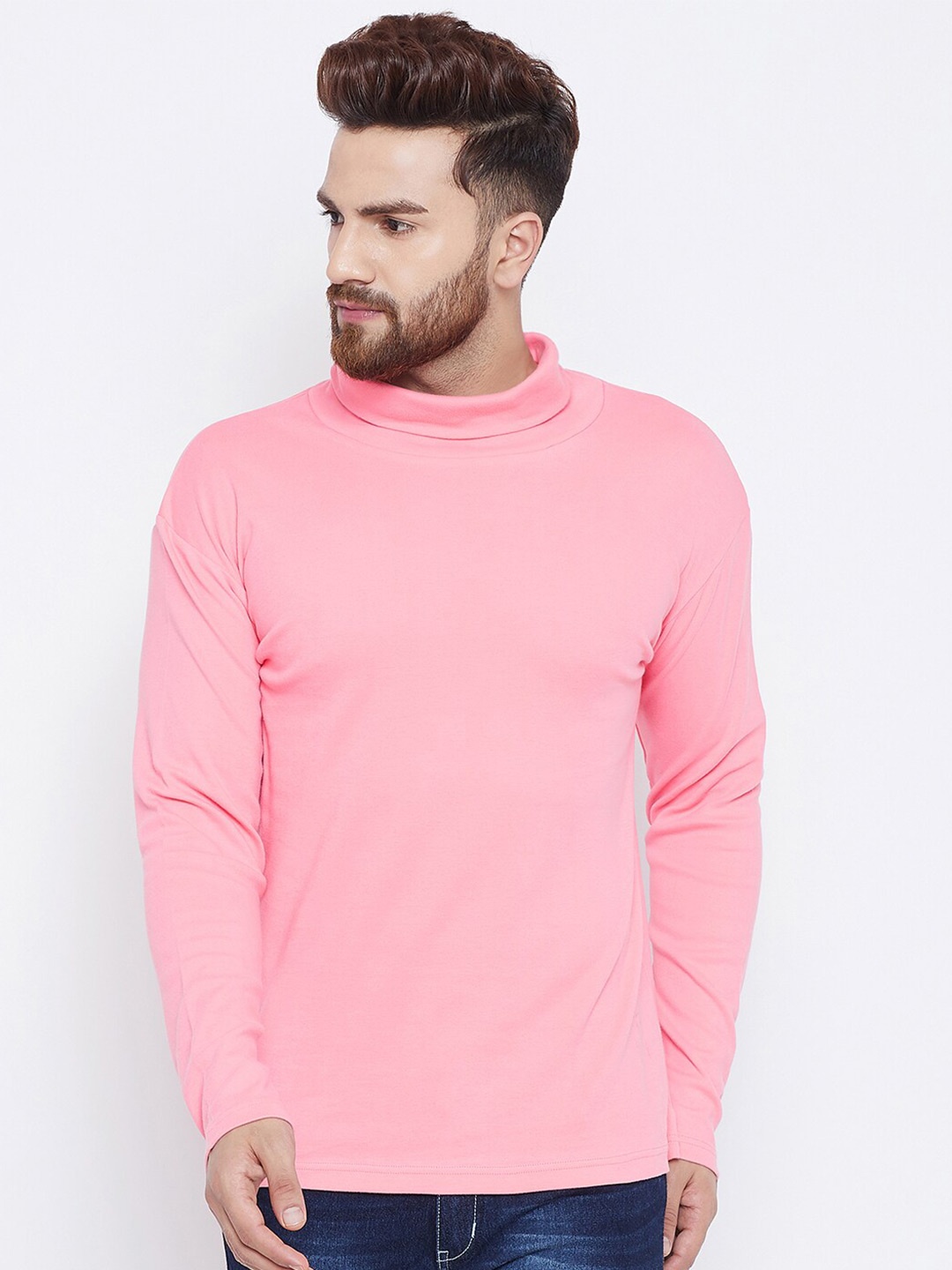 

Hypernation Men Pink Turtle Neck Slim Fit Cotton T-shirt