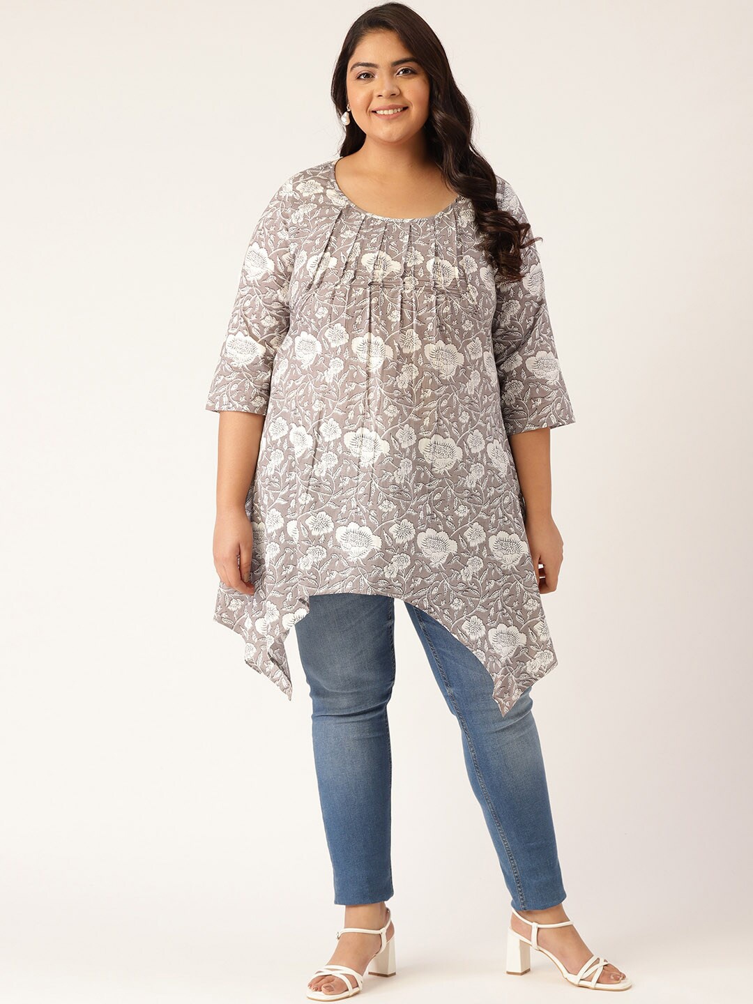 

theRebelinme Plus Women Grey & White Pure Cotton Floral Print High Low Longline Top