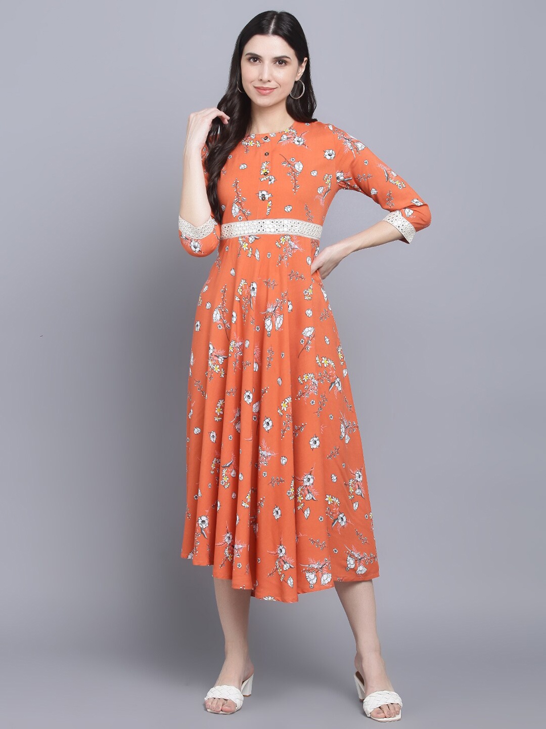 

Myshka Orange & White Floral Printed A-Line Midi Dress