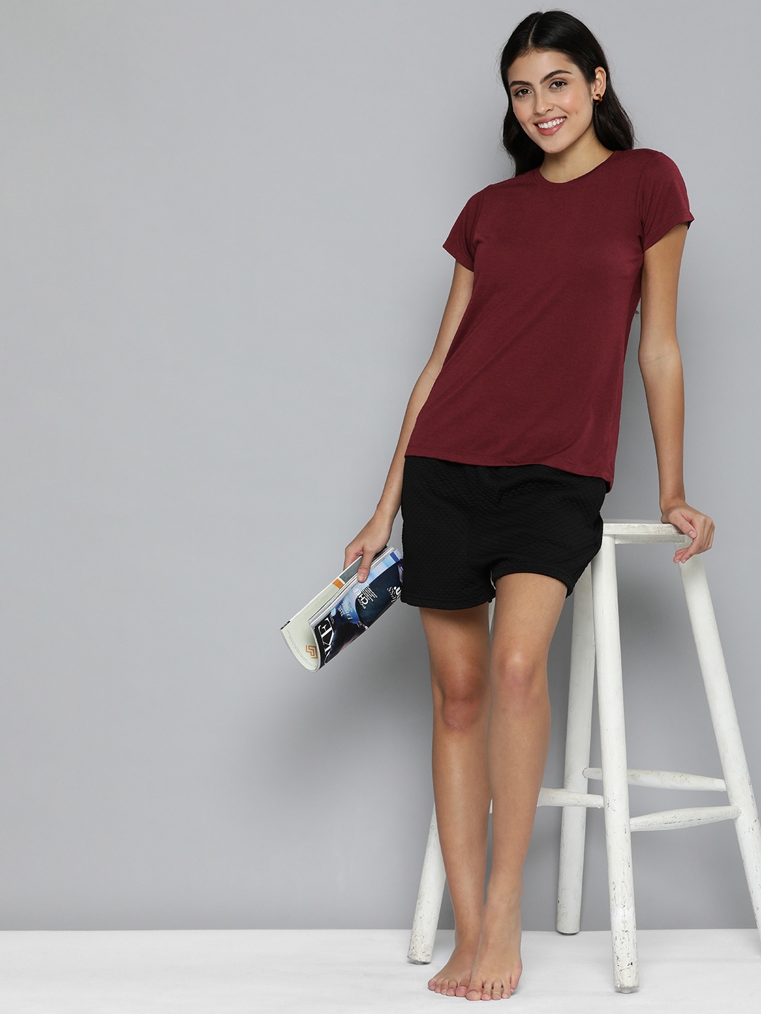 

HERE&NOW Women Solid Round Neck Lounge T-Shirt, Maroon