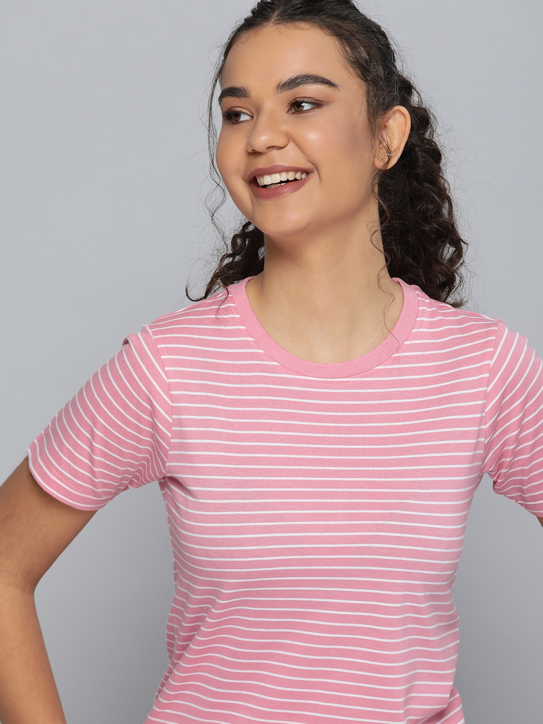 

HERE&NOW Women Pink & White Striped Lounge T-shirt