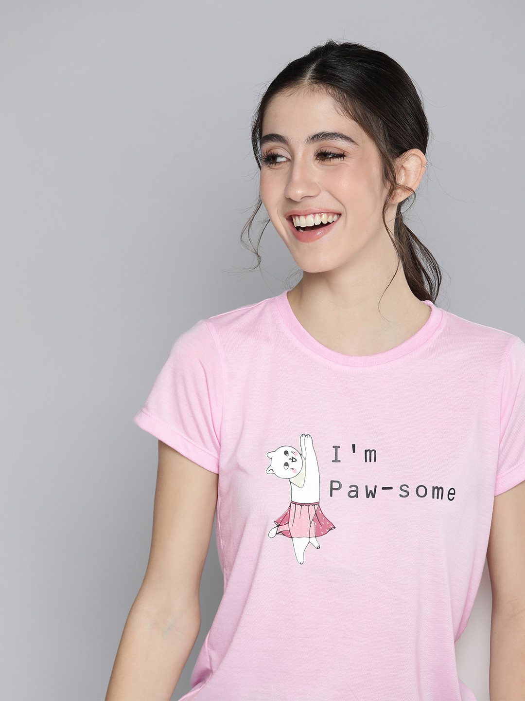 

HERE&NOW Women Typography Print Round Neck Knitted Lounge T-shirt, Pink