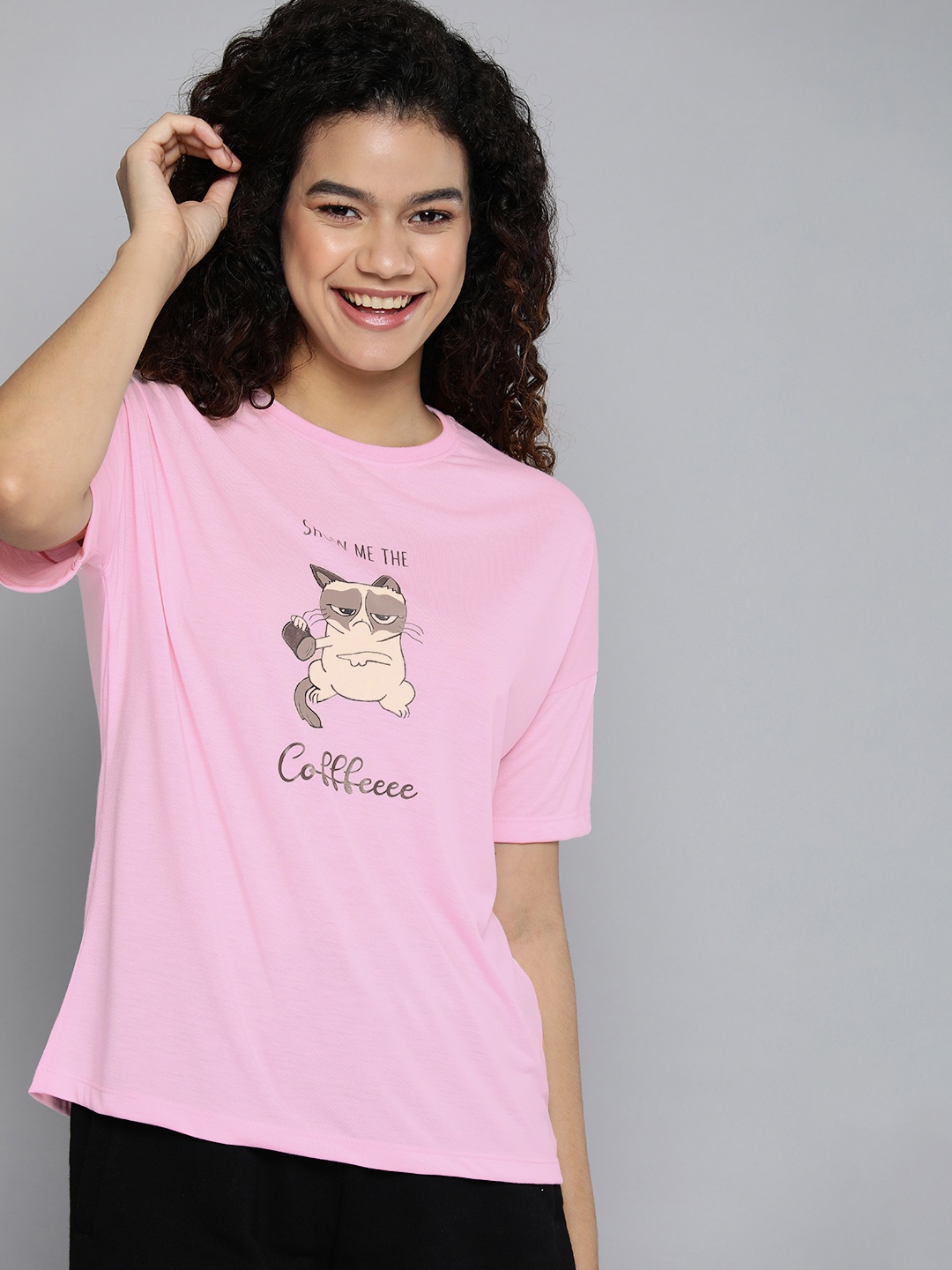 

HERE&NOW Women Pink Printed Round Neck Lounge T-shirt