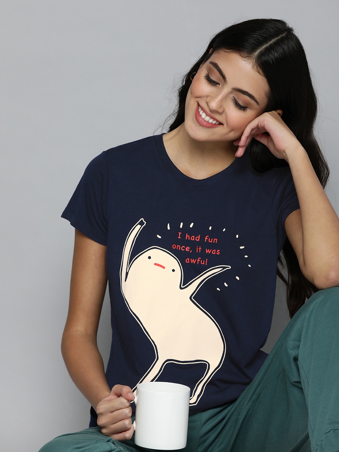 

HERE&NOW Women Graphic Print Round Neck Lounge T-shirt, Navy blue