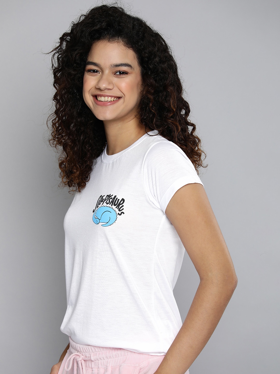 

HERE&NOW Women White Printed Round Neck Lounge T-shirt