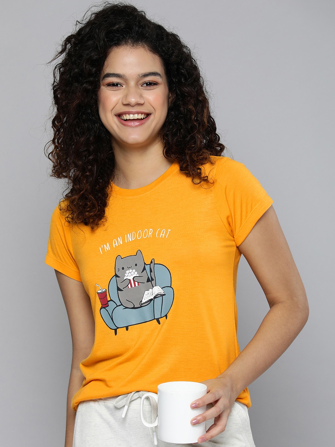 

HERE&NOW Women Mustard Yellow Printed Round Neck Lounge T-shirt