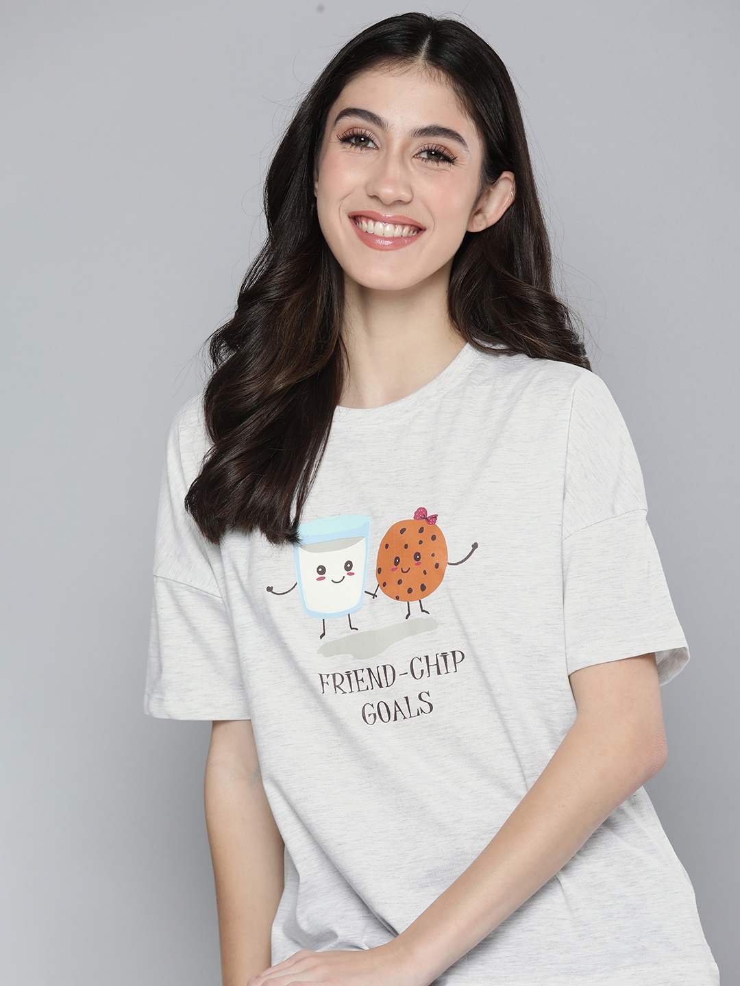 

HERE&NOW Women Printed Lounge Round Neck Tshirt, Grey