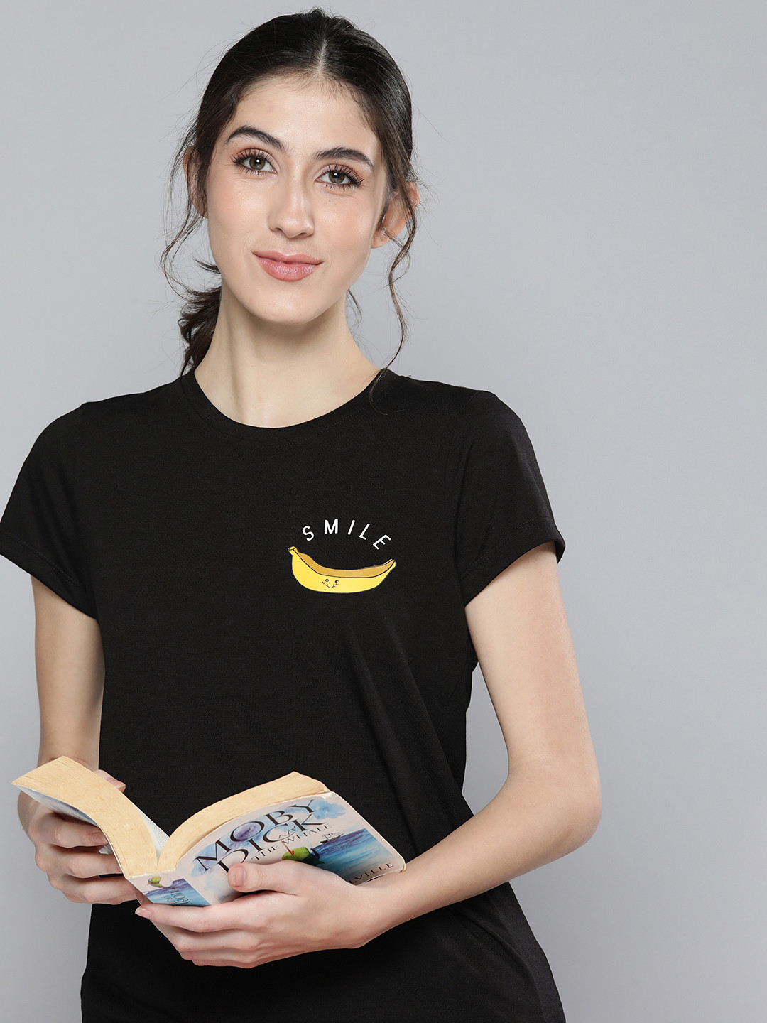 

HERE&NOW Women Printed Lounge Round Neck Tshirt, Black