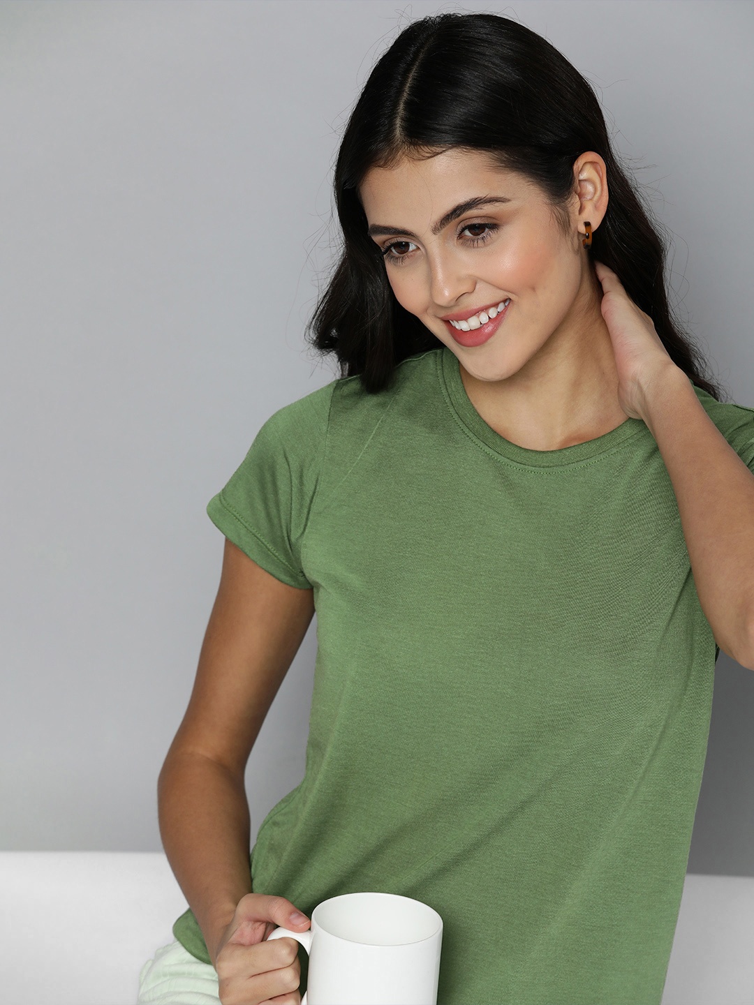 

HERE&NOW Women Solid Round Neck Lounge T-Shirt, Green