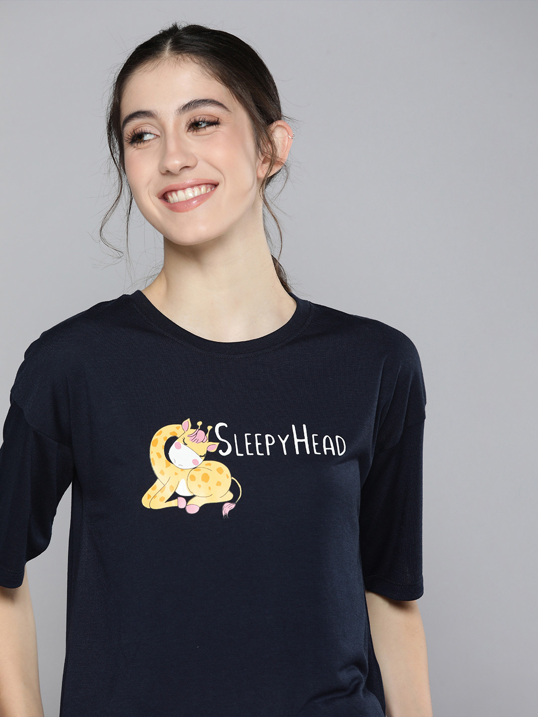 

HERE&NOW Women Printed Lounge Round Neck Tshirt, Navy blue
