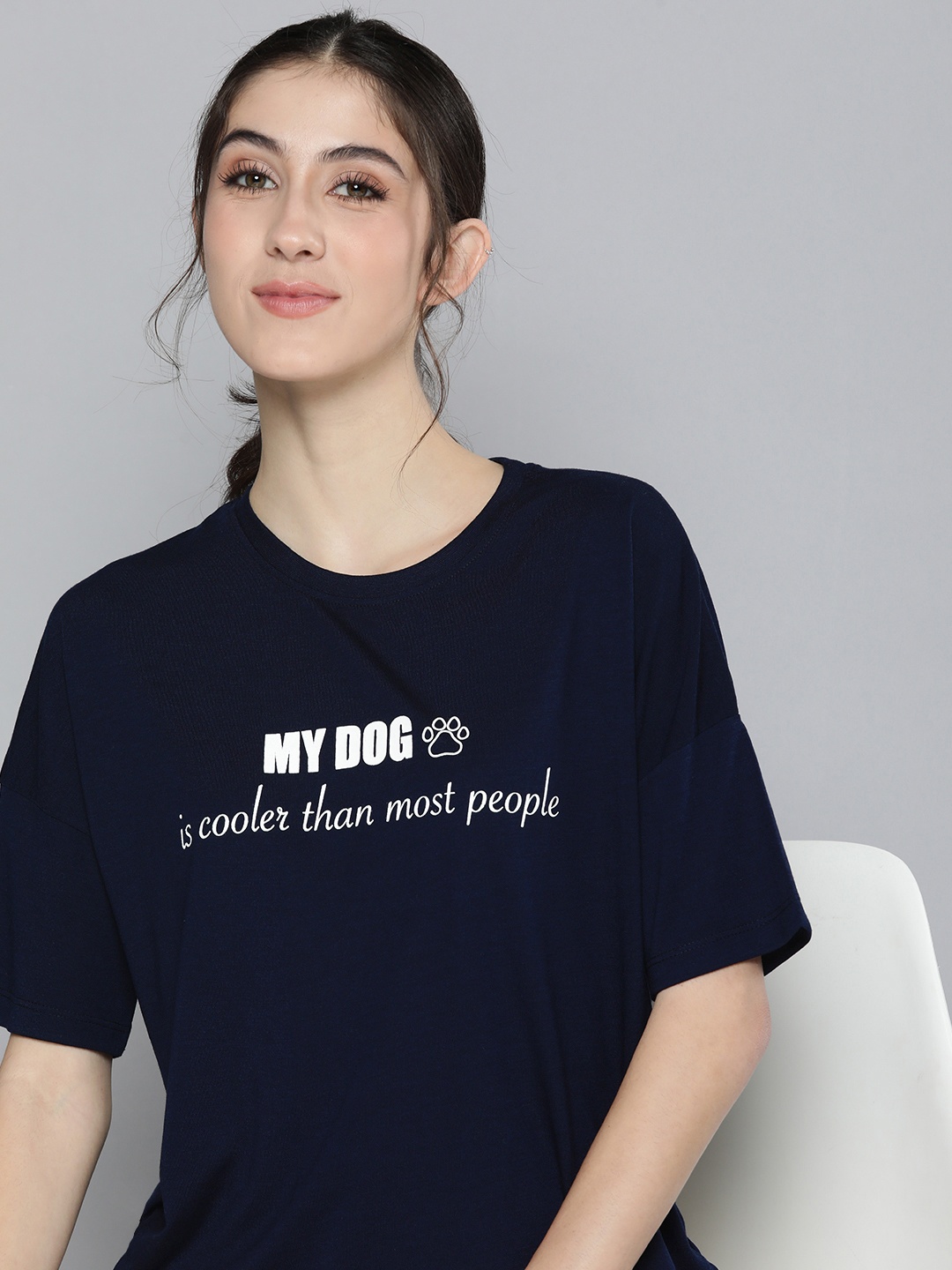 

HERE&NOW Women Typography Print Round Neck Knitted Lounge T-shirt, Navy blue