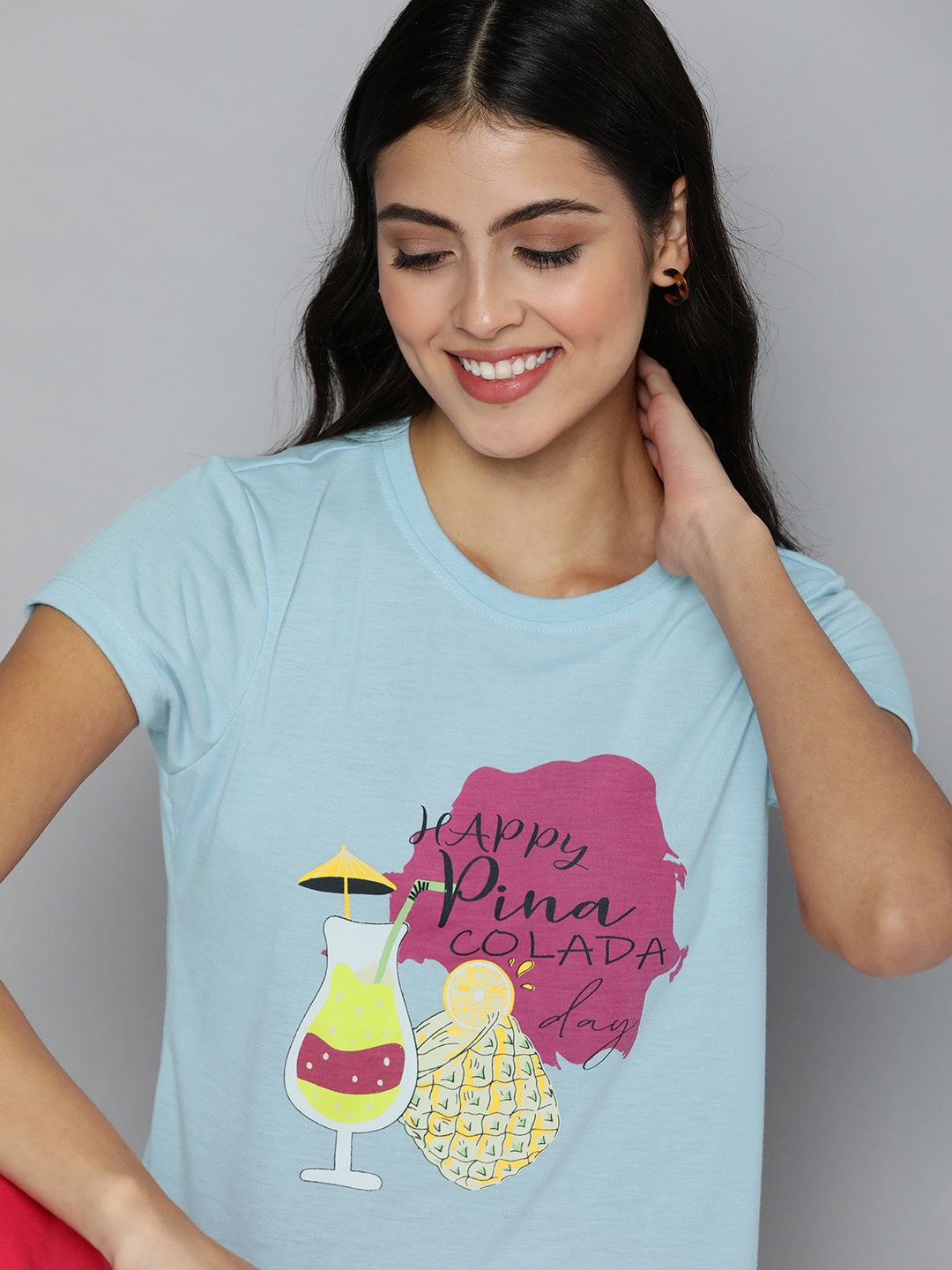 

HERE&NOW Women Typography Printed Round Neck Lounge T-shirt, Blue