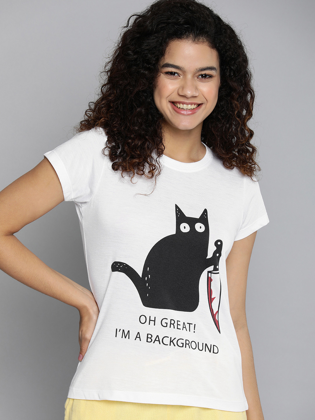 

HERE&NOW Women White Printed Round Neck Lounge T-shirt