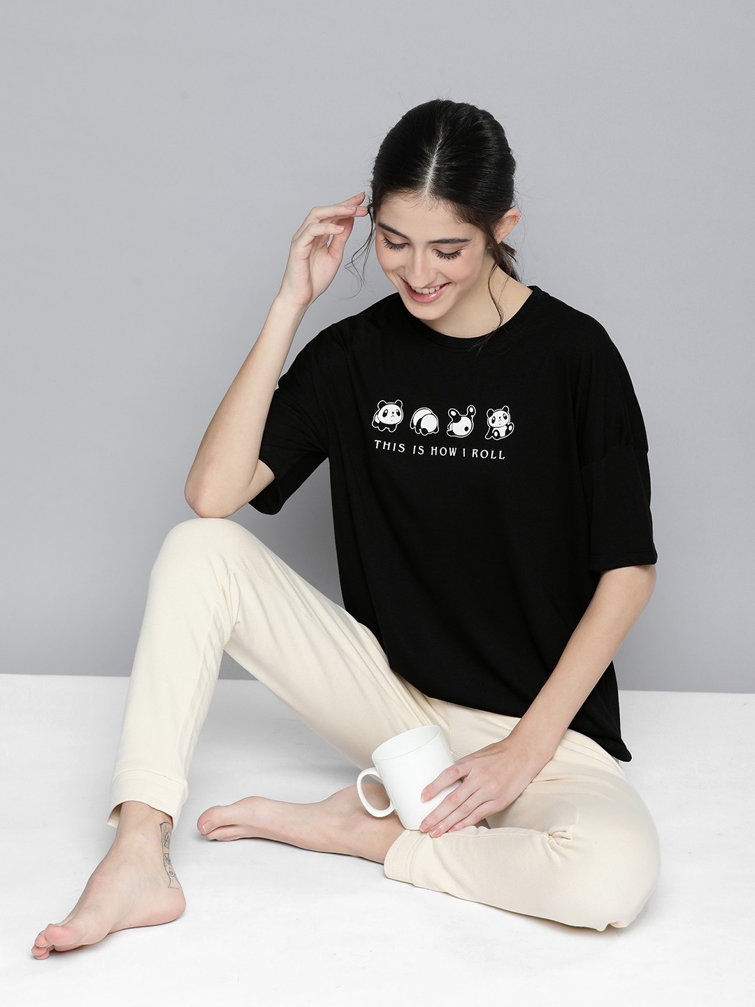 

HERE&NOW Women Typography Print Round Neck Knitted Lounge T-shirt, Black