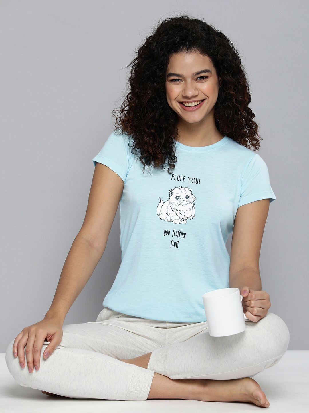 

HERE&NOW Women Blue Printed Round Neck Lounge T-shirt