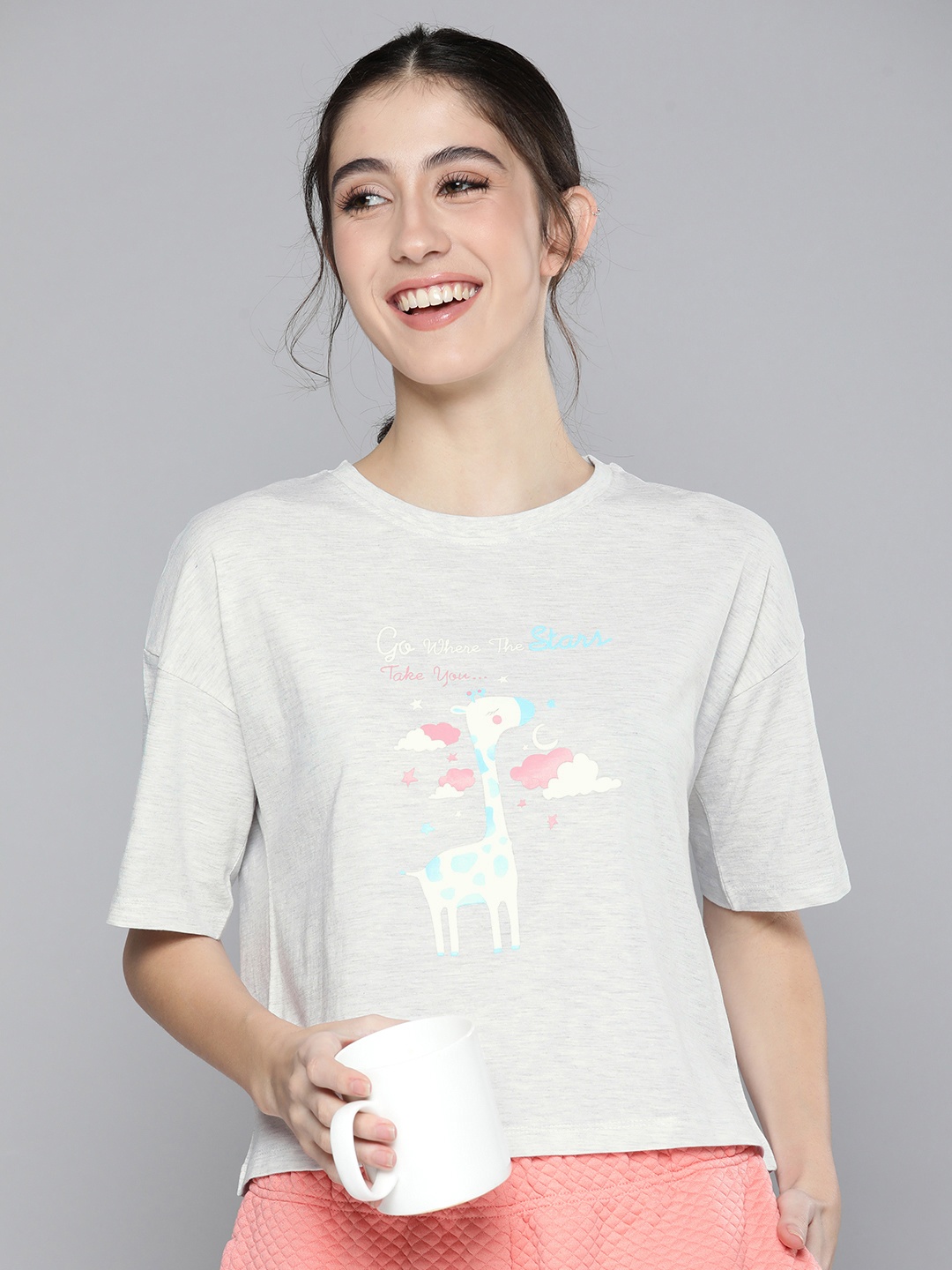 

HERE&NOW Women Printed Lounge Round Neck Tshirt, Grey melange