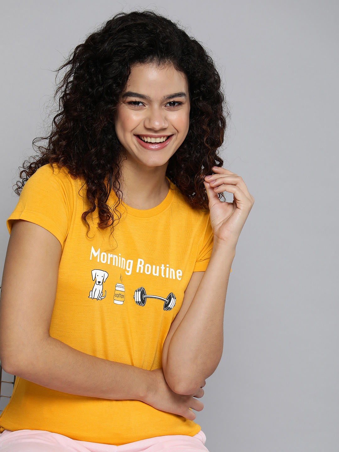

HERE&NOW Women Yellow Printed Round Neck Lounge T-shirt