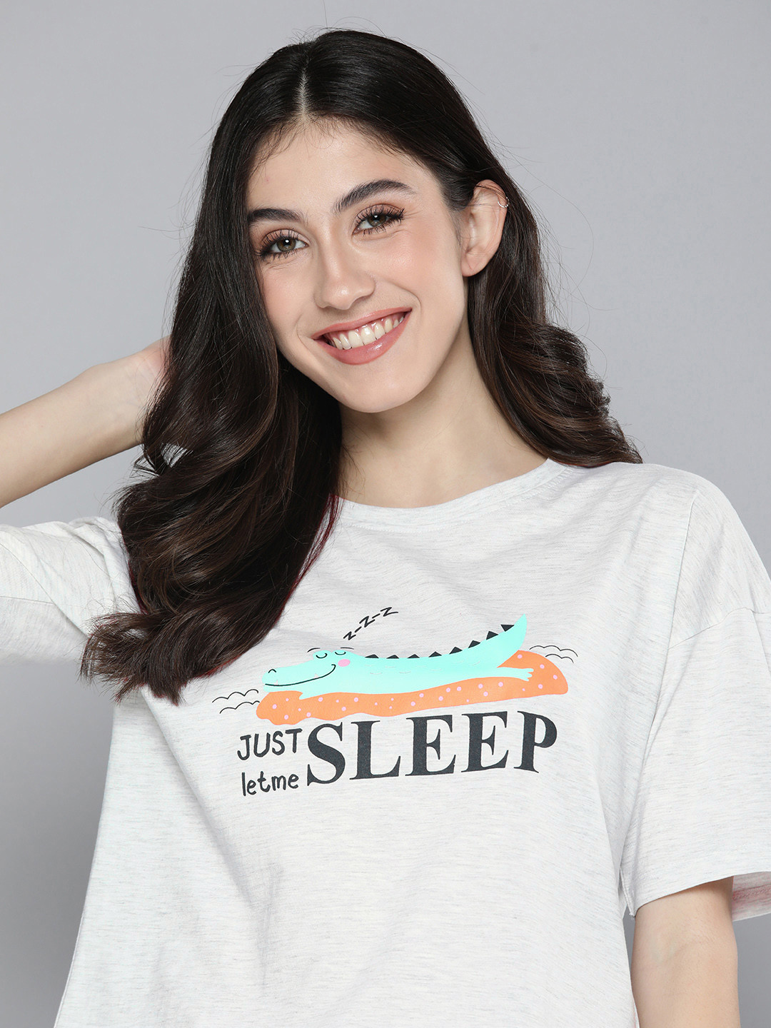 

HERE&NOW Women Printed Lounge Round Neck Tshirt, Grey