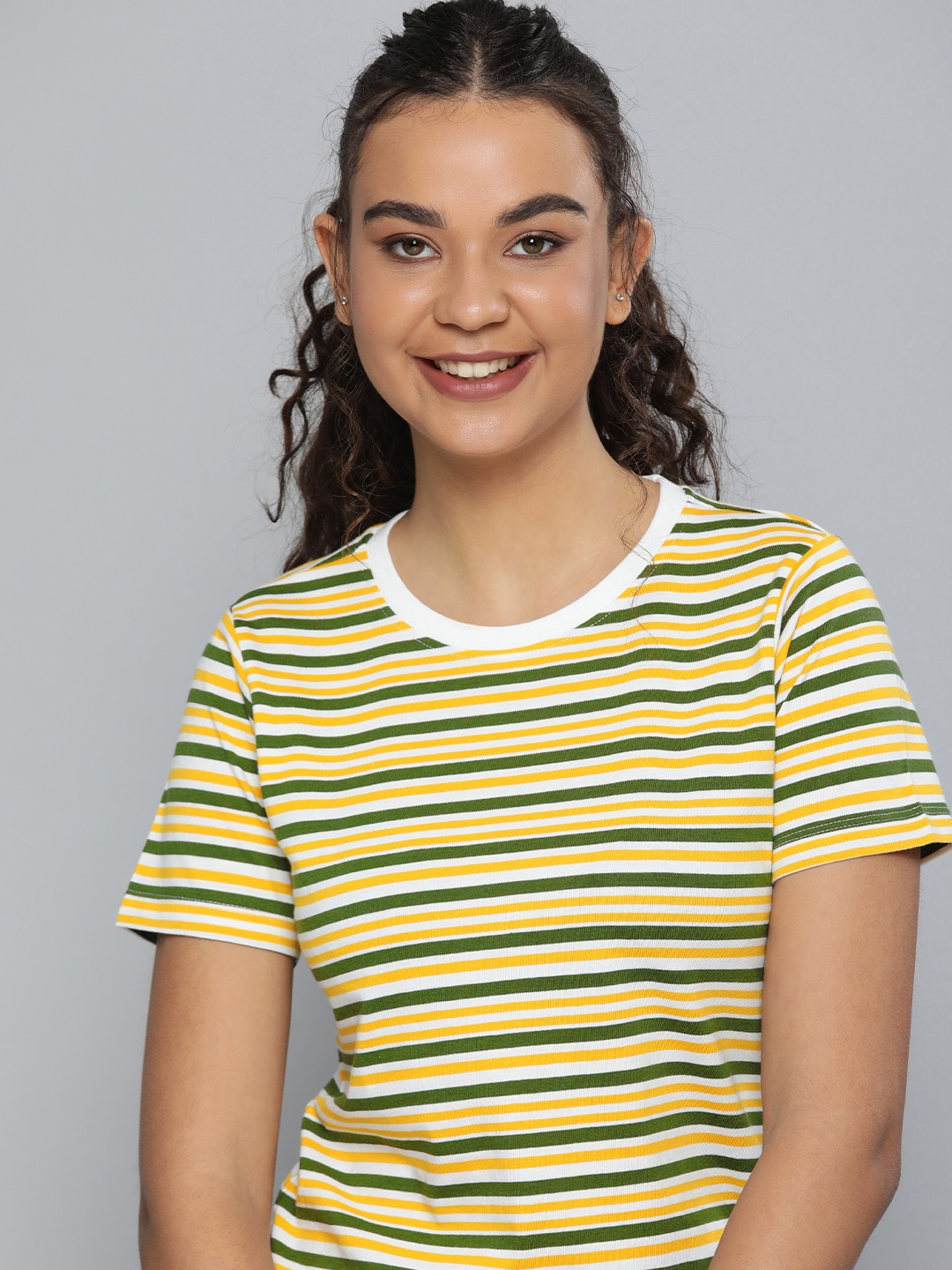 

HERE&NOW Women Yellow & Green Striped Lounge T-shirt