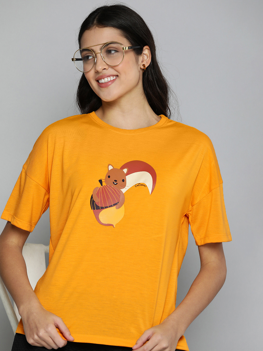

HERE&NOW Women Graphic Printed Round Neck Lounge T-shirt, Yellow
