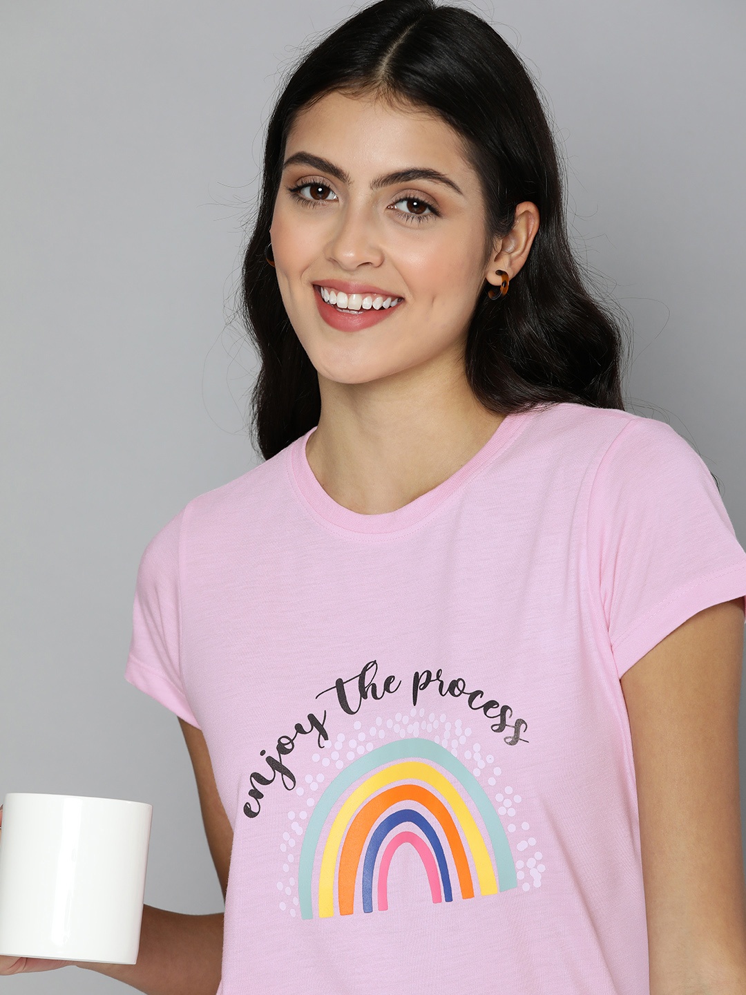 

HERE&NOW Women Typography Printed Round Neck Knitted Lounge T-shirt, Pink