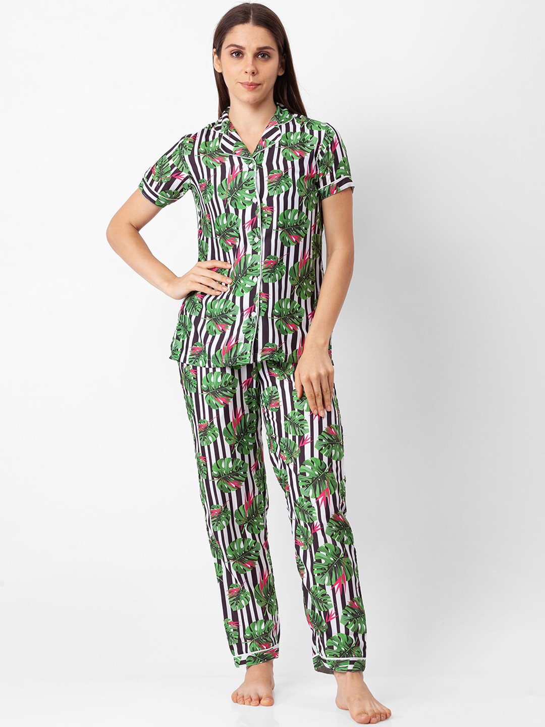 

FashionRack Women Striped Pure Cotton Night suit, Black