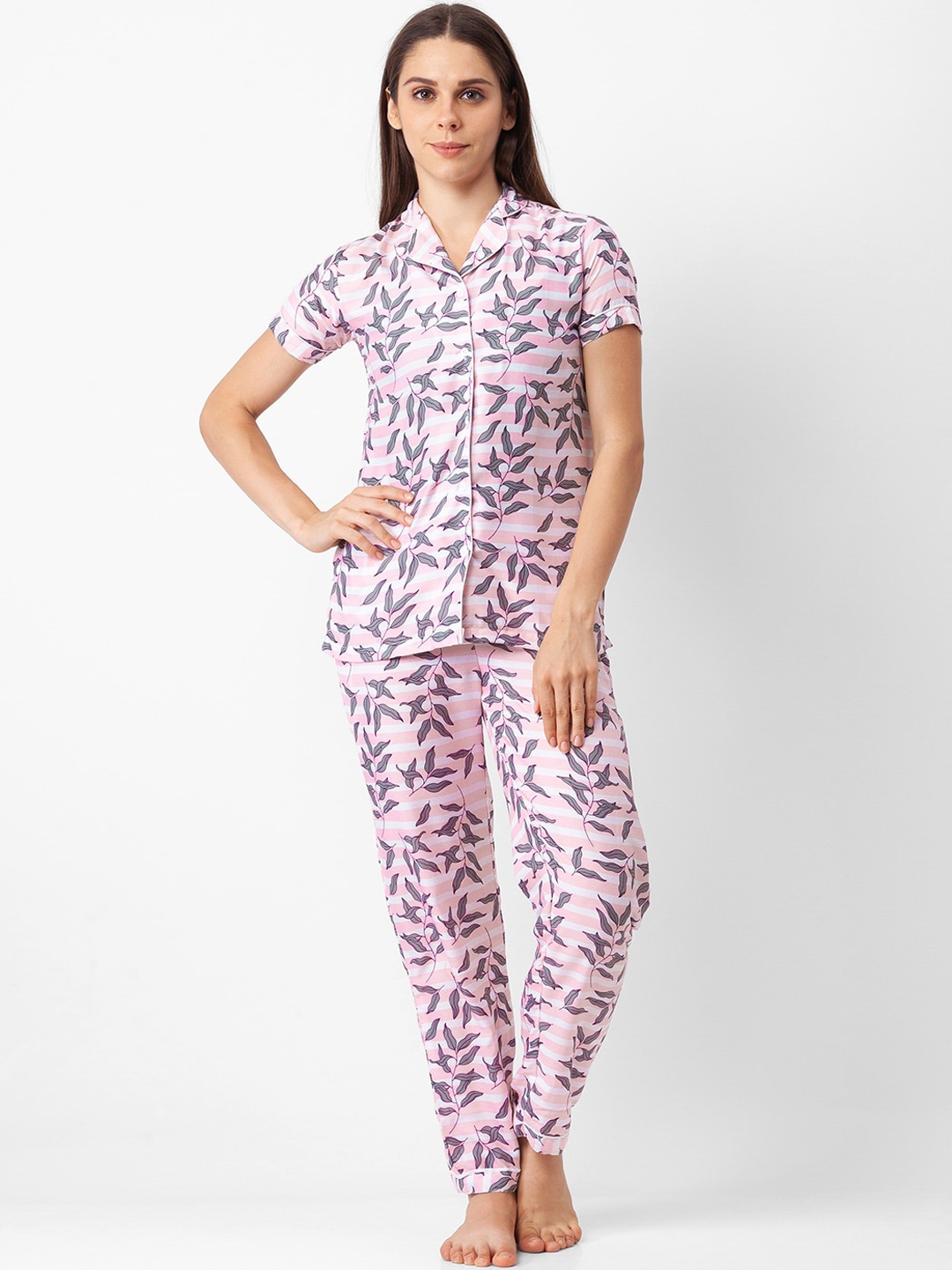 

FashionRack Women Striped Pure Cotton Night suit, Pink