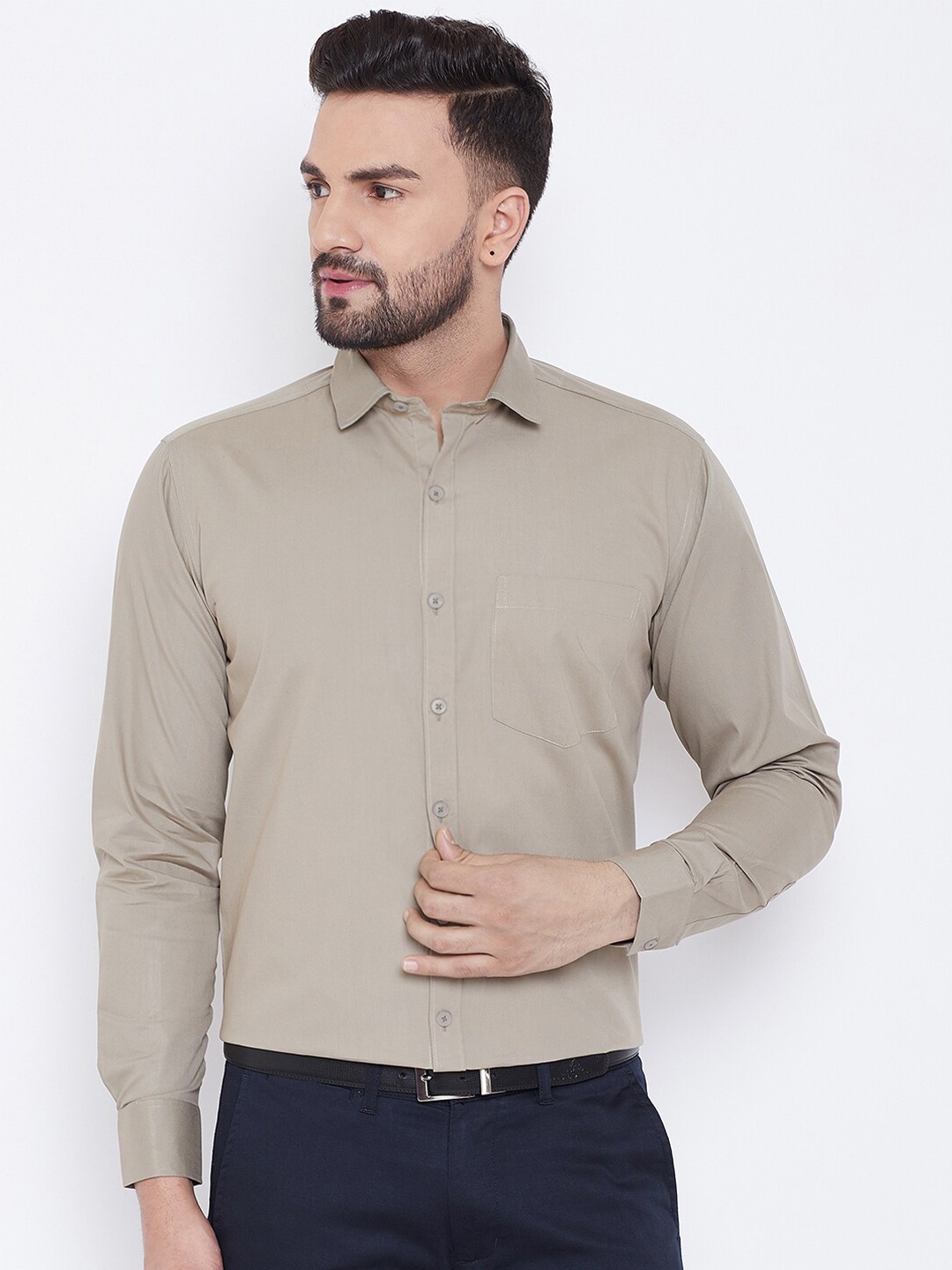 

D Kumar Men Beige Solid Standard Formal Shirt
