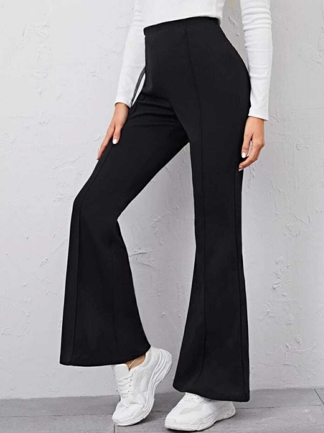 

BROADSTAR Women Black Comfort Flared High-Rise Easy Wash Trousers