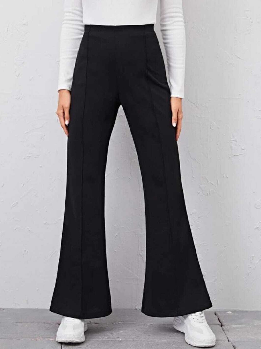 

BROADSTAR Women Black Comfort Flared High-Rise Easy Wash Trousers