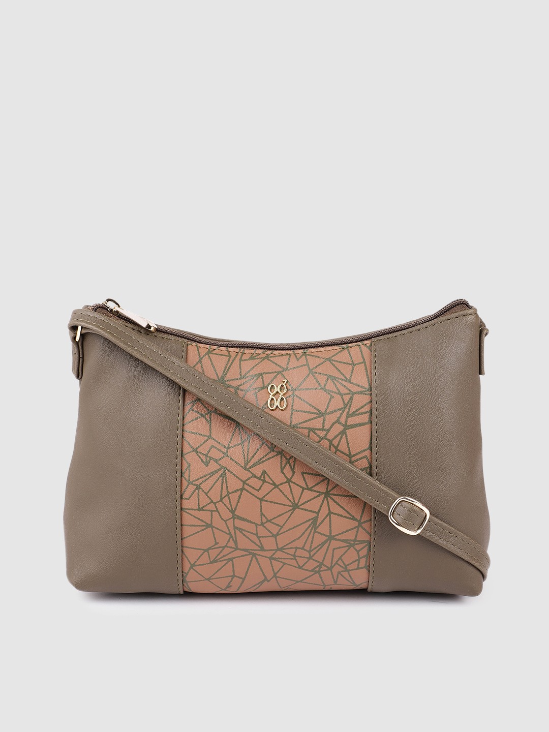 

Baggit Women Green And Tan Geometric Printed Structured Sling Bag