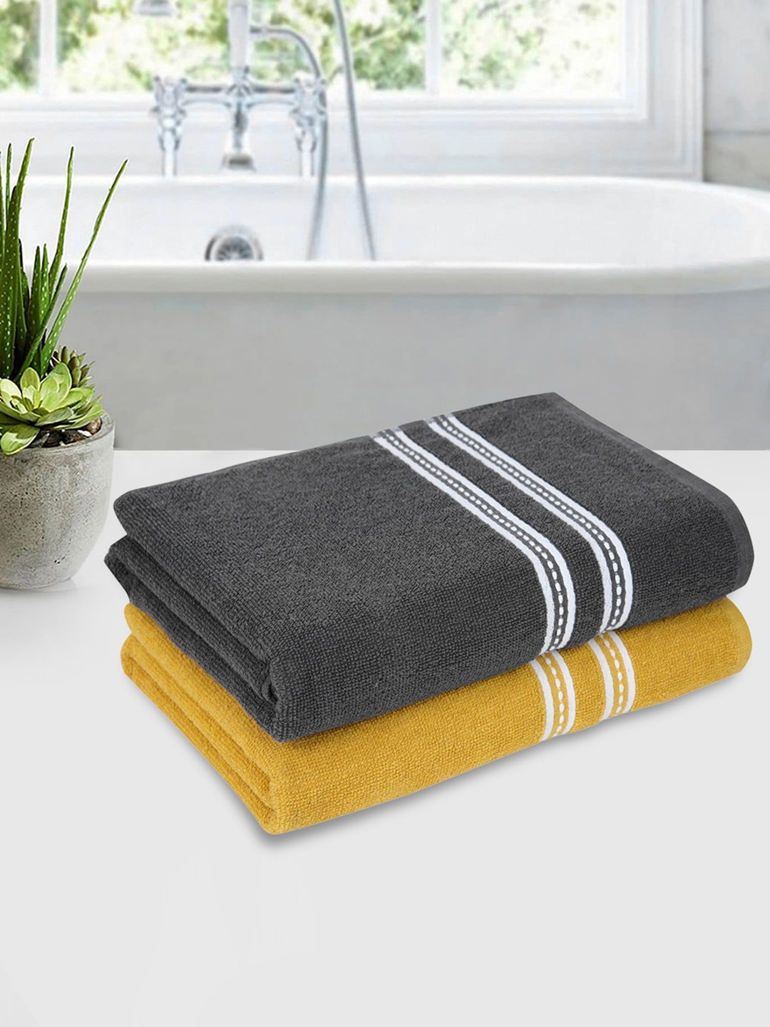 

ROMEE Set Of 2 Solid 500 GSM Cotton Bath Towels, Yellow