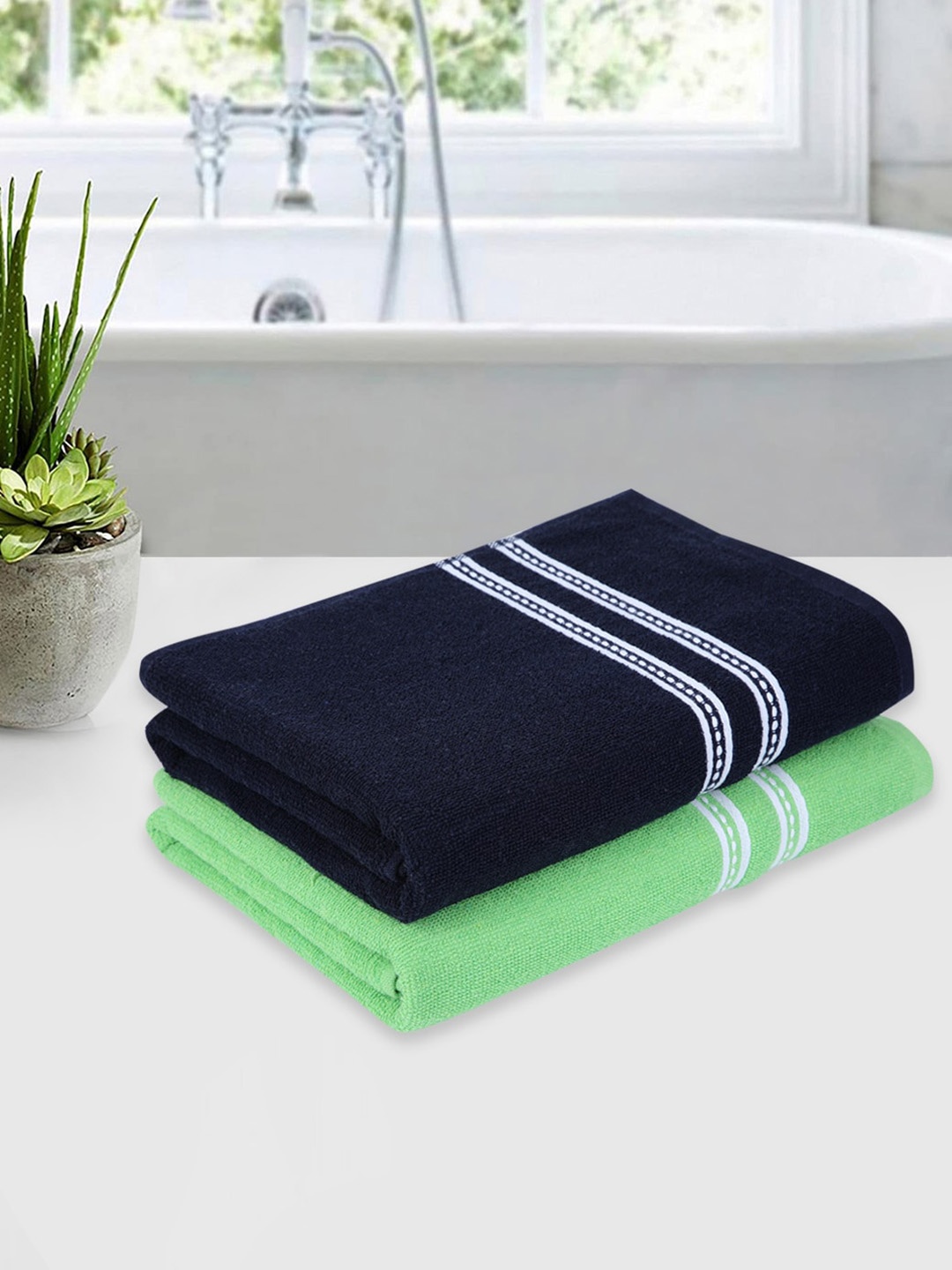 

ROMEE Set Of 2 Green & Blue Solid Cotton 500 GSM Bath Towels