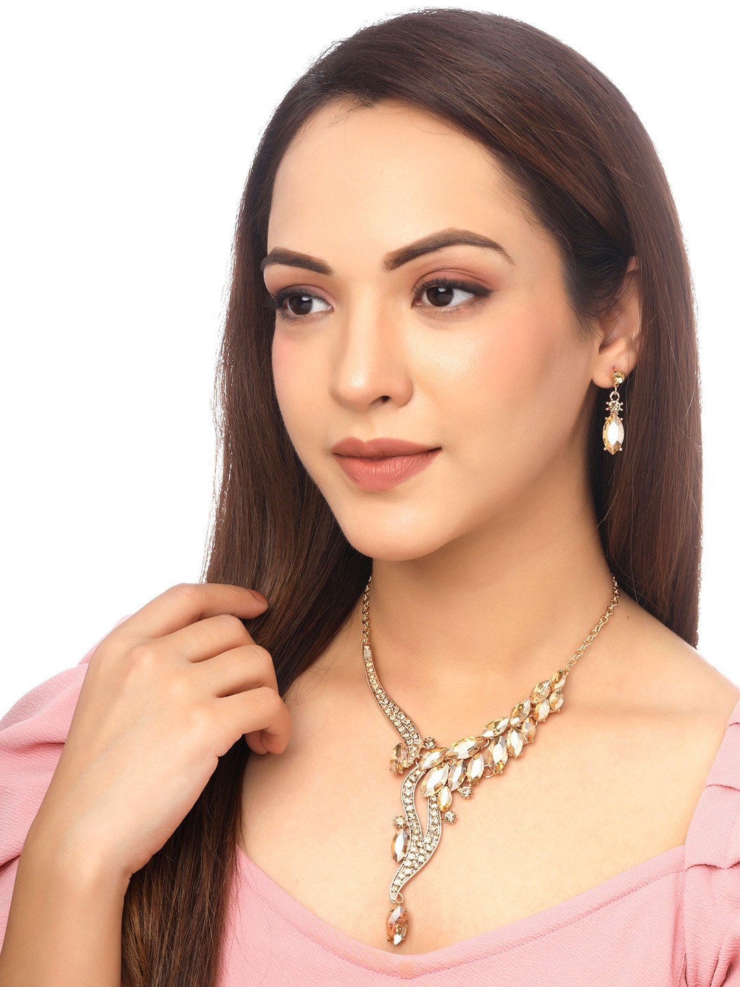 

Yellow Chimes Rose Gold-Plated & Rose Gold Toned Crystal Studded Jewellery Set