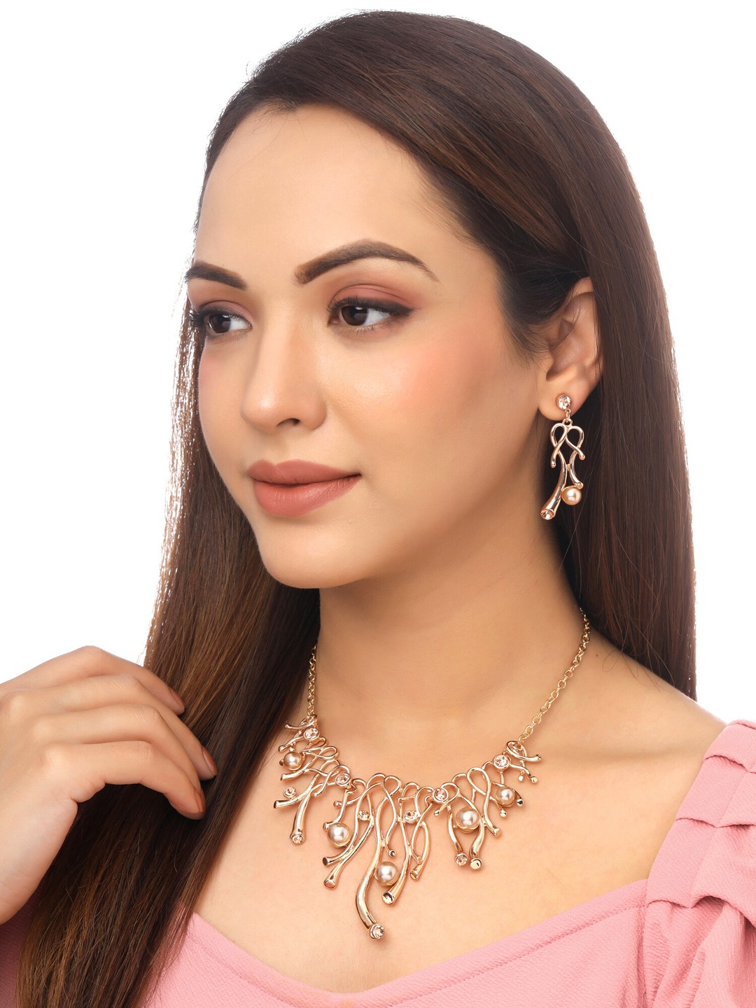 

Yellow Chimes Rose Gold-Plated Pearl Studded Jewellery Set