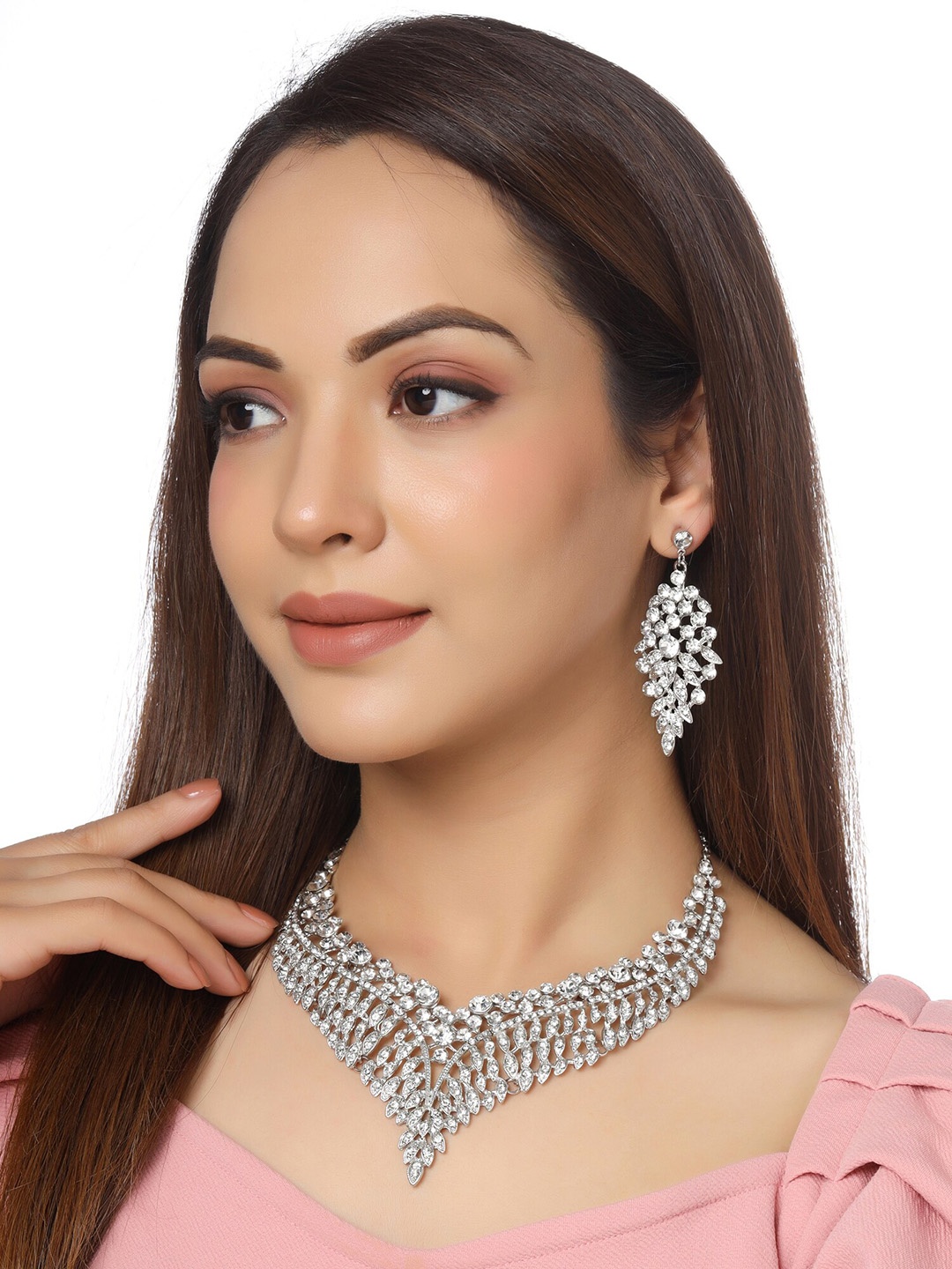 

Yellow Chimes Silver-Plated White Crystal-Studded Jewellery Set