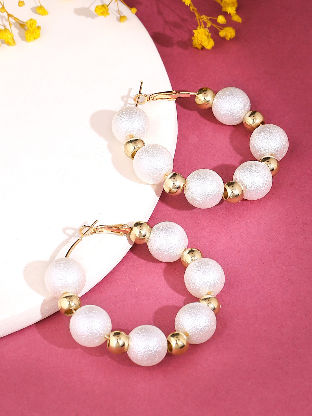 Yellow Chimes Gold-plated Contemporary Hoop Earrings, White