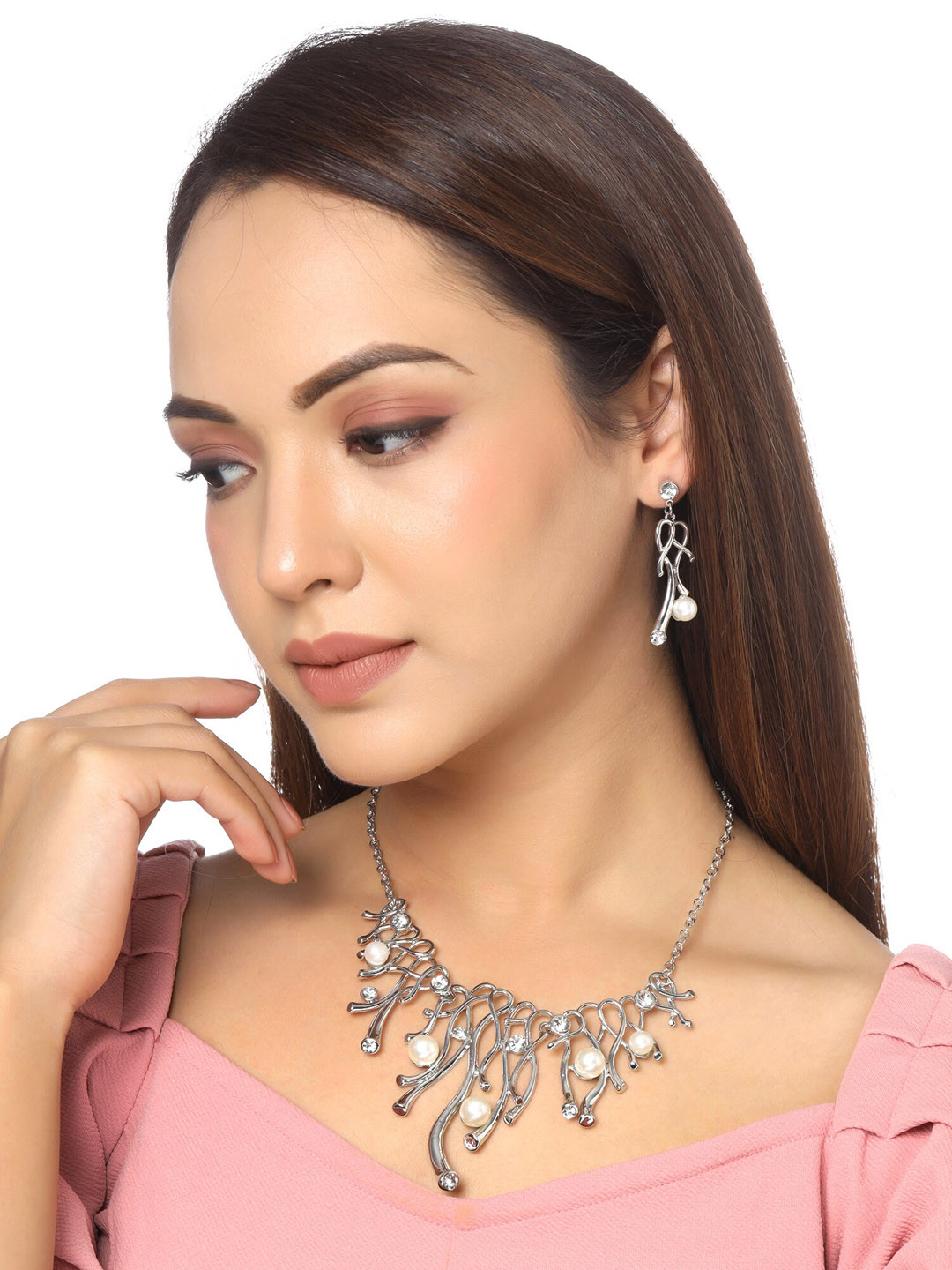 

Yellow Chimes Silver-Plated White Stone-Studded & Pearl Beaded Jewellery Set