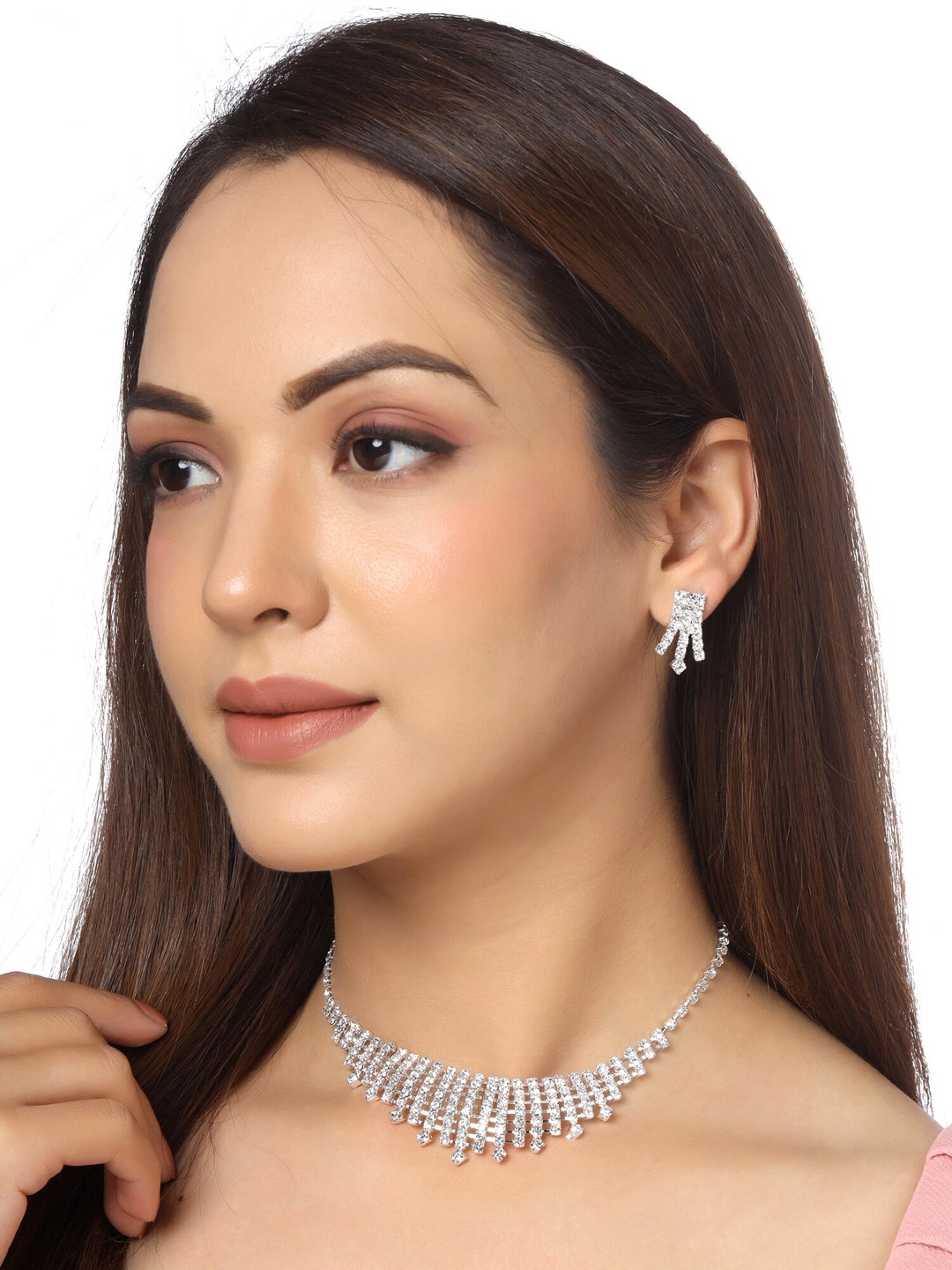 Yellow Chimes Sliver-Plated & Silver Toned Crystal Studded Choker Necklace Set
