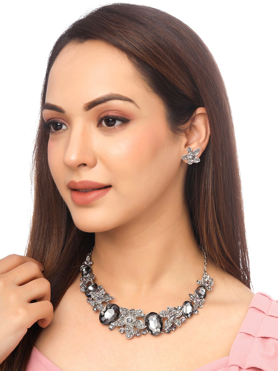 

Yellow Chimes Silver-Plated Crystal-Studded Jewellery Set