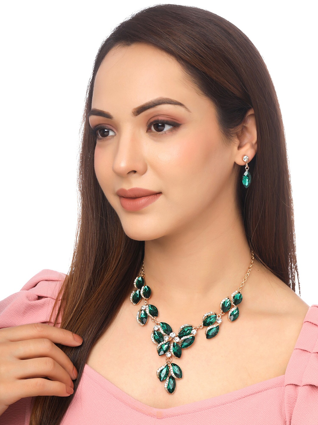 

Yellow Chimes Green Oval Shaped Crystal Studded Necklace Set, Gold