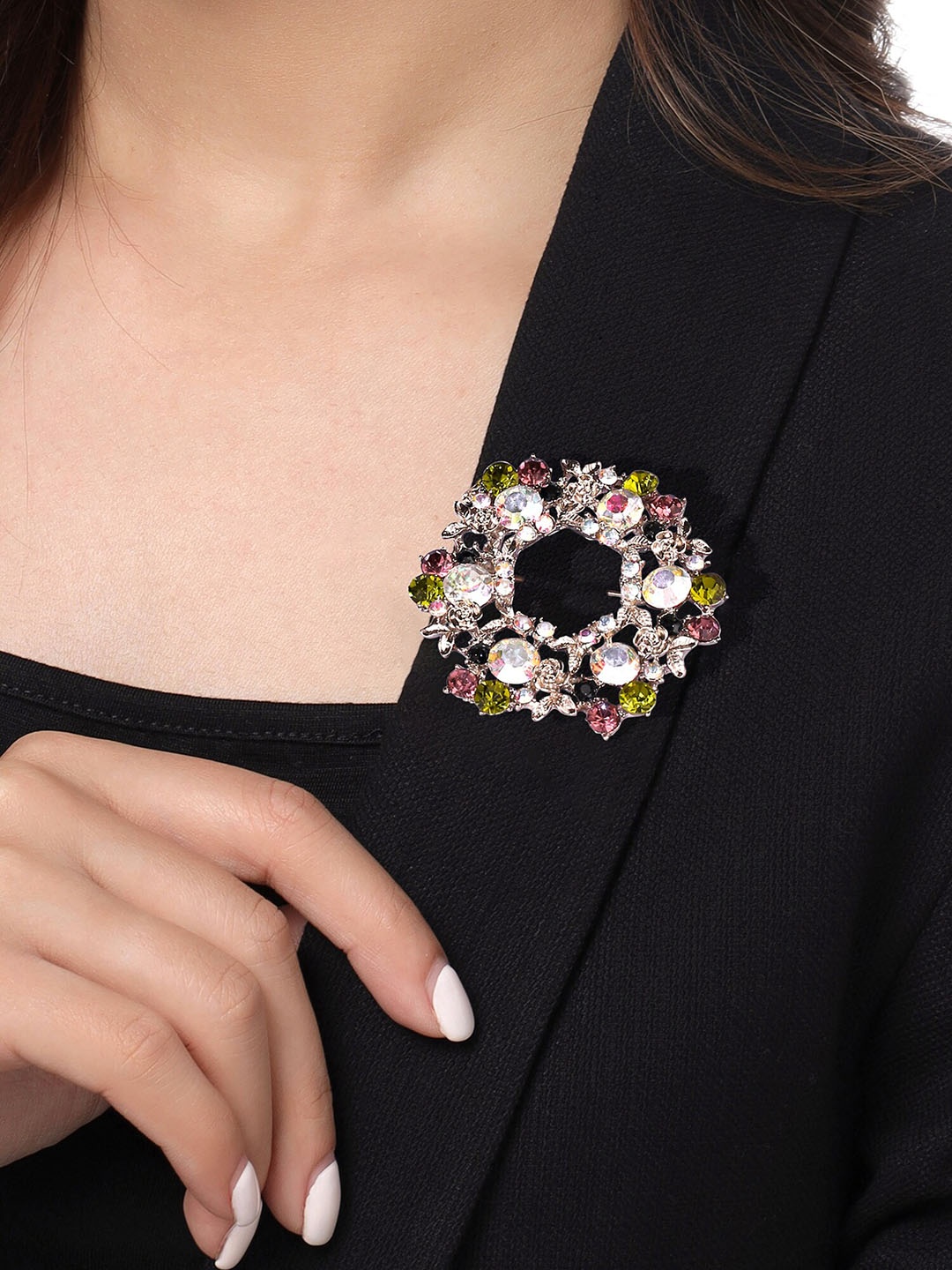 

Yellow Chimes Silver-Toned & Green Crystal Studded Floral Brooch Pin